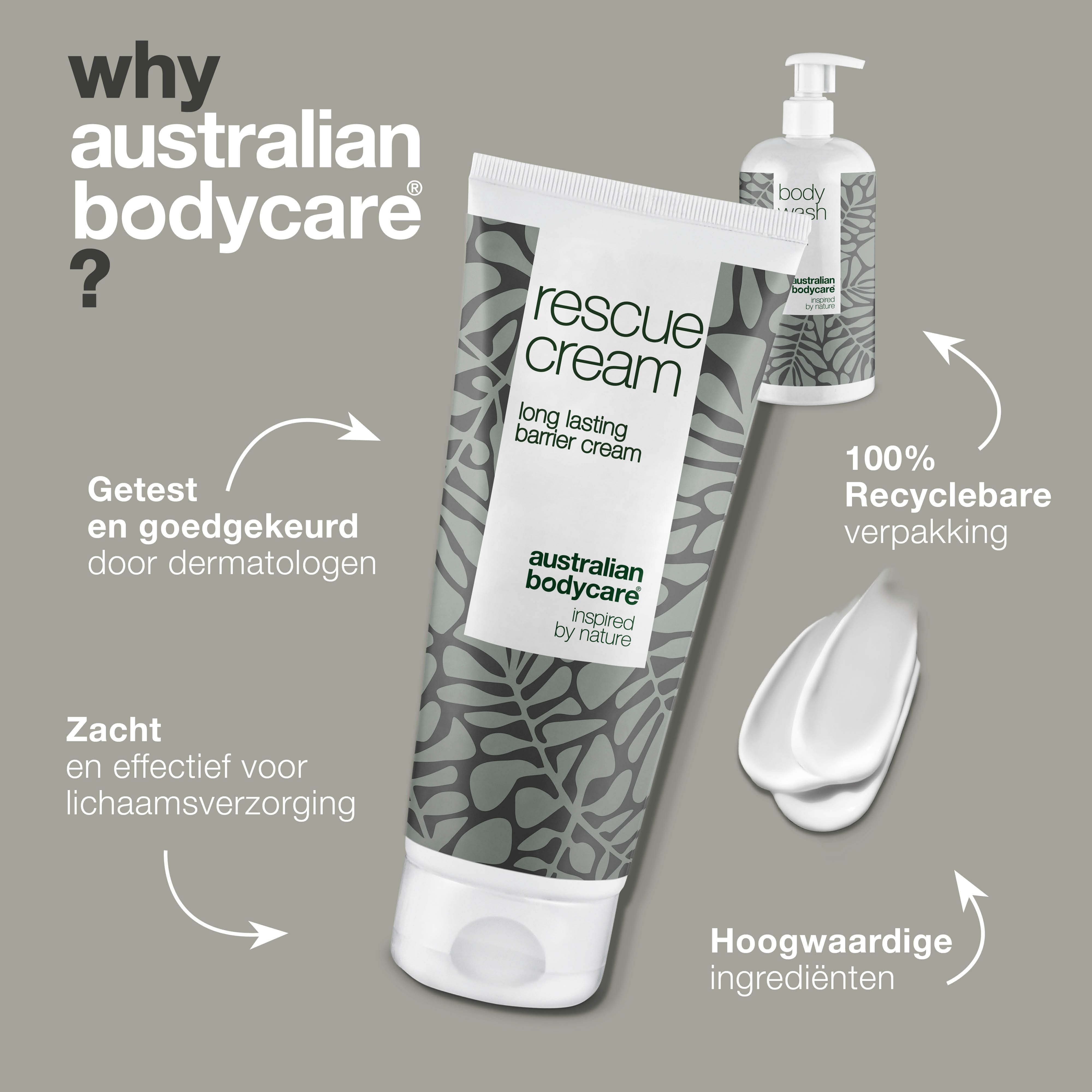 Rescue Cream en Body Wash. Tekst: Rescue Cream, Australian Bodycare, 100% recyclebare verpakking.