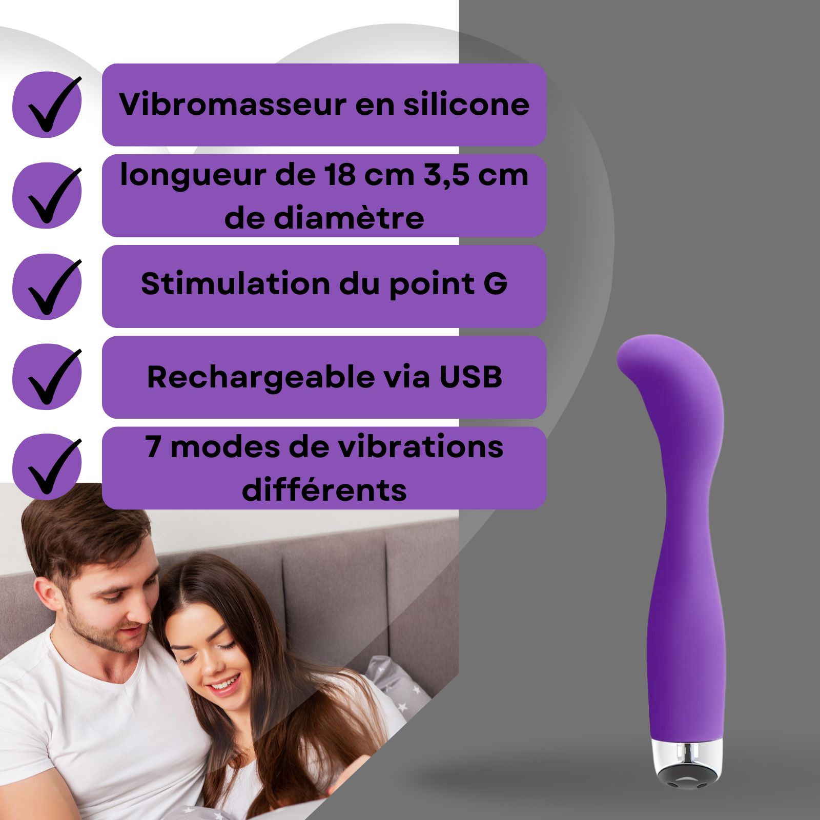 Vibrateur violet. Texte: Vibrateur en silicone, 18cm, 3,5cm diamètre, stimulation point G, USB rechargeable, 7 modes.