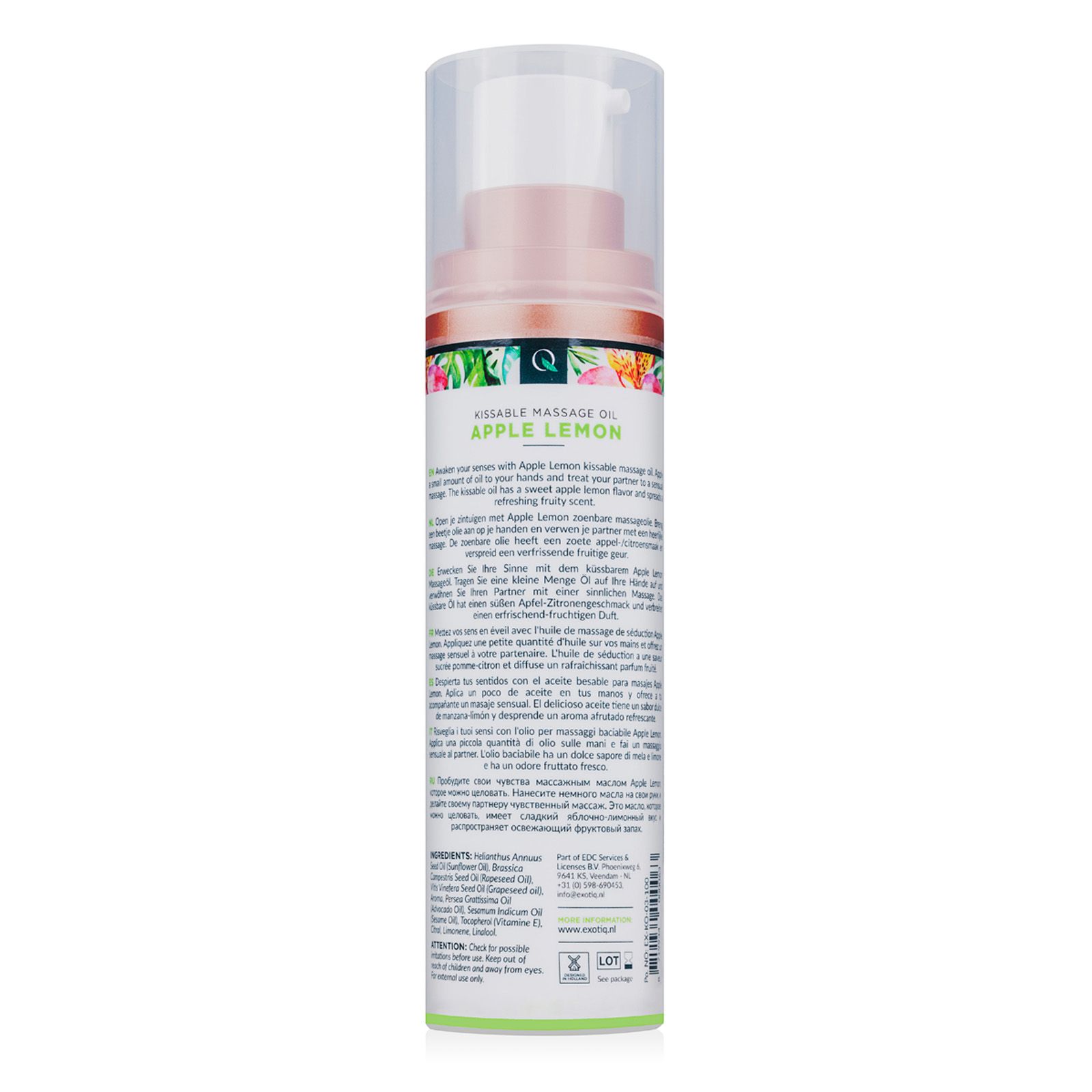 Achterkant van de massageolie fles met tekst. Bevat informatie over ingrediënten en fabrikant.