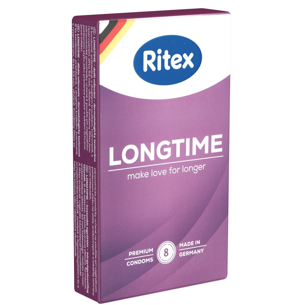 Boîte de préservatifs Ritex Longtime. Design violet et blanc, nom du produit et nombre 8. Fabriqué en Allemagne.