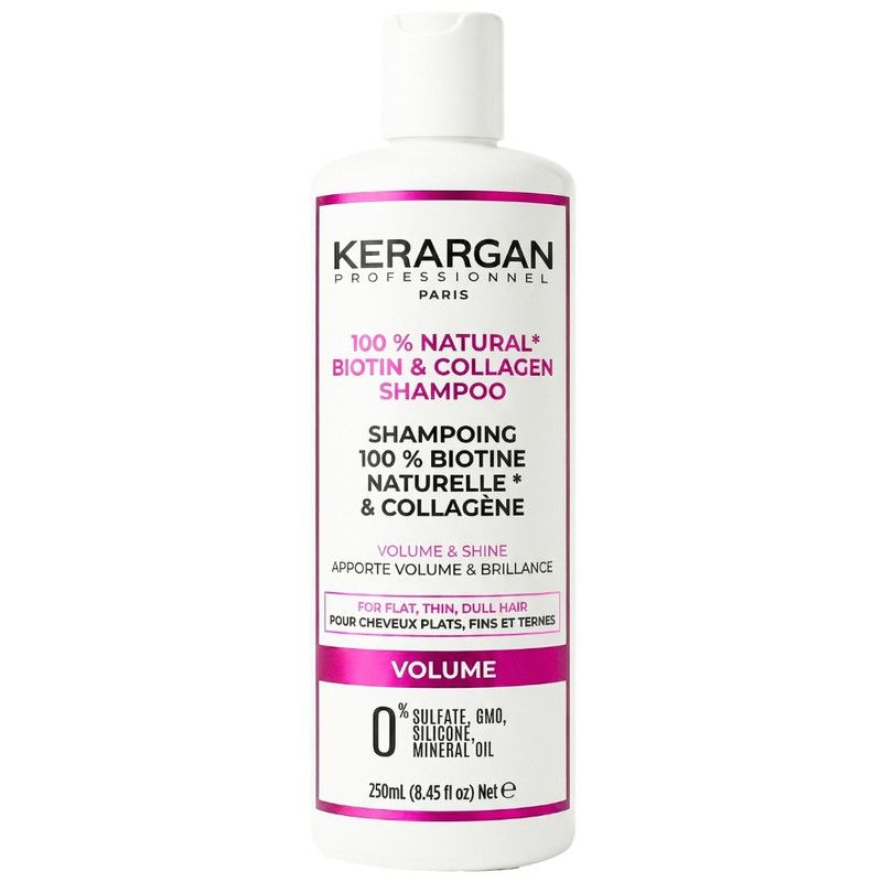 Flacon de shampooing blanc avec accents roses. Texte : Kerargan, Biotine & Collagène Shampooing, Volume. 250ml.