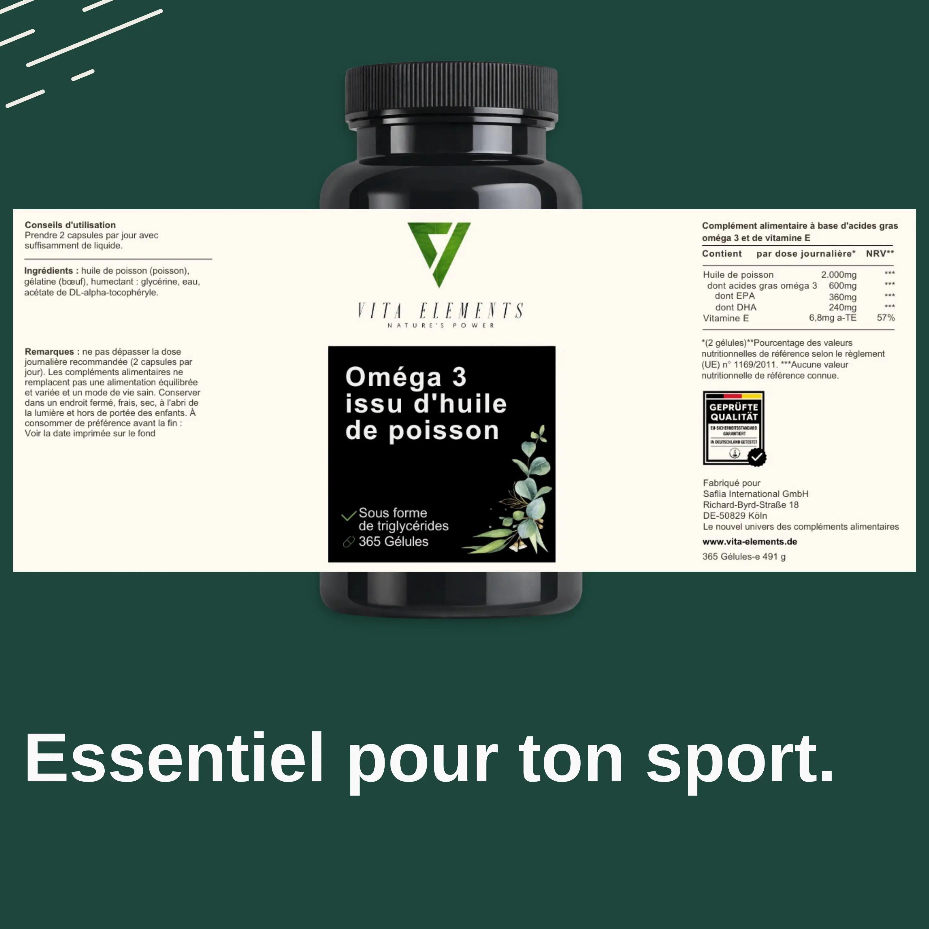 Bouteille d'oméga-3. "Testé en laboratoire", "Sans additifs", "Sans OGM", "Pêche durable".