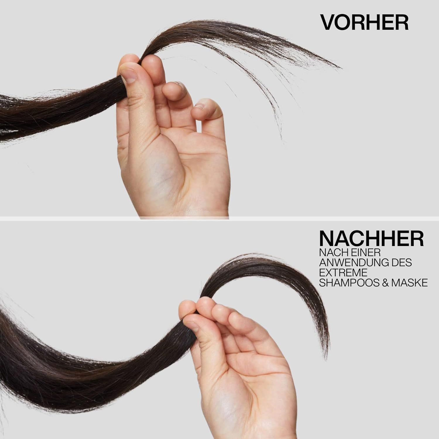 Twee haarstrengen, één voor en één na gebruik. Voor: beschadigd. Na: glad en gezond.