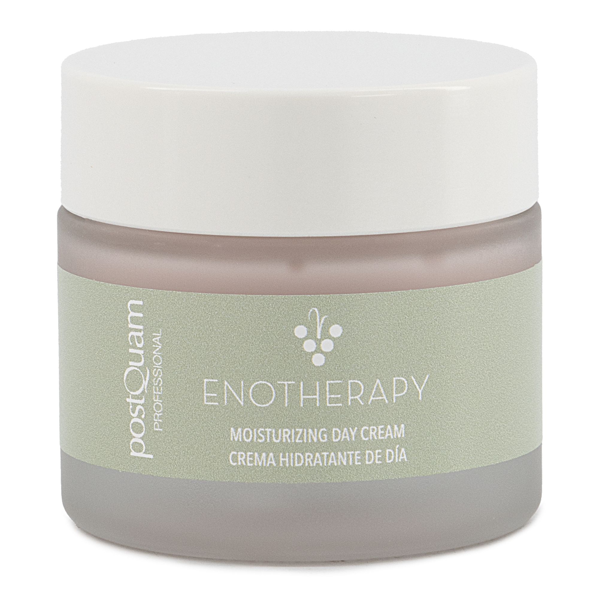 Crèmepot met witte deksel. Opschrift: PostQuam, Enotherapy, Moisturizing Day Cream. Groene sticker.