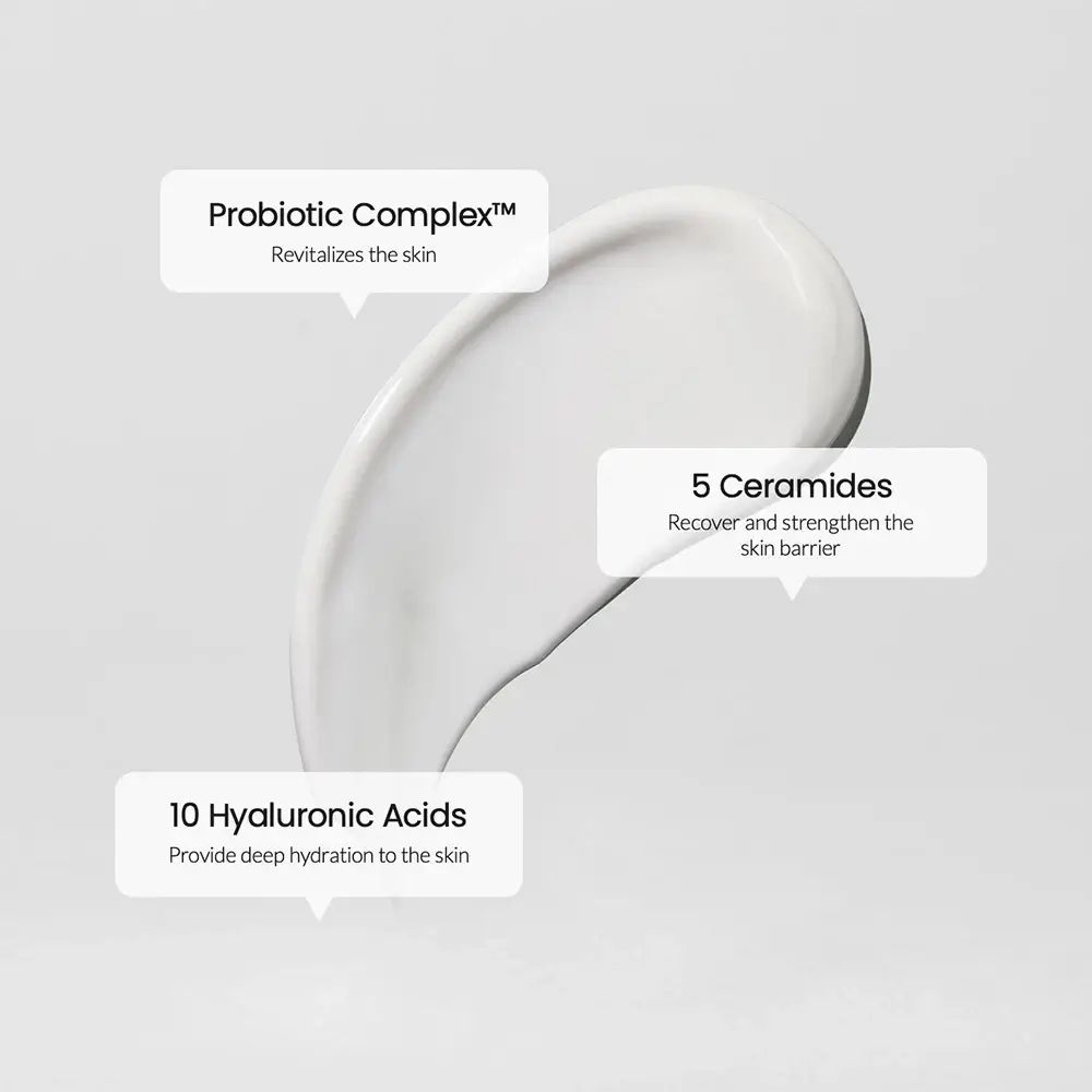 Goutte de crème de soin avec textes : Probiotic Complex, 5 Céramides, 10 Acides Hyaluroniques. Inscription : Revitalizes the skin.