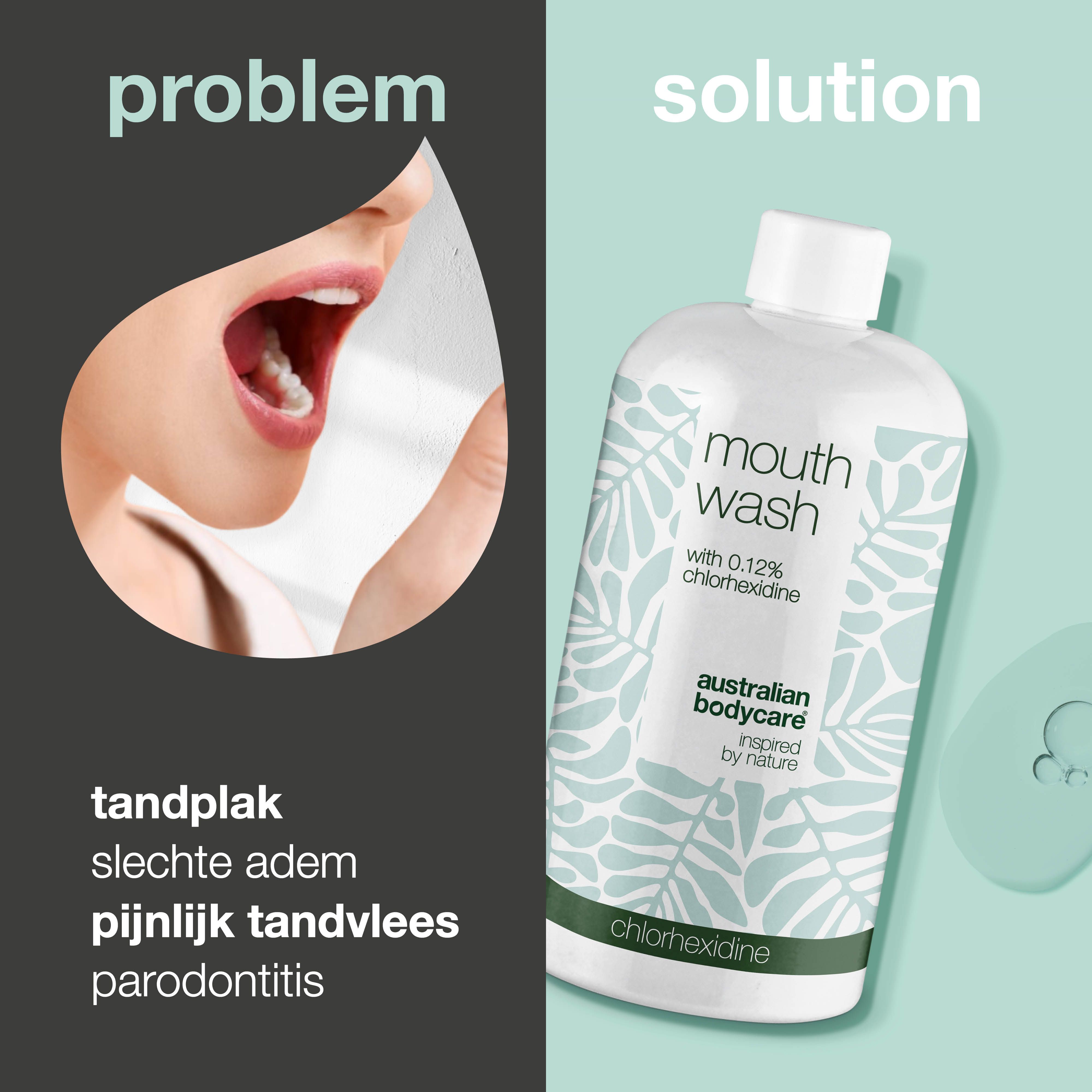 Productfles naast mond met problemen. Tekst: tandplak, slechte adem, pijnlijk tandvlees, parodontitis. Australian Bodycare.