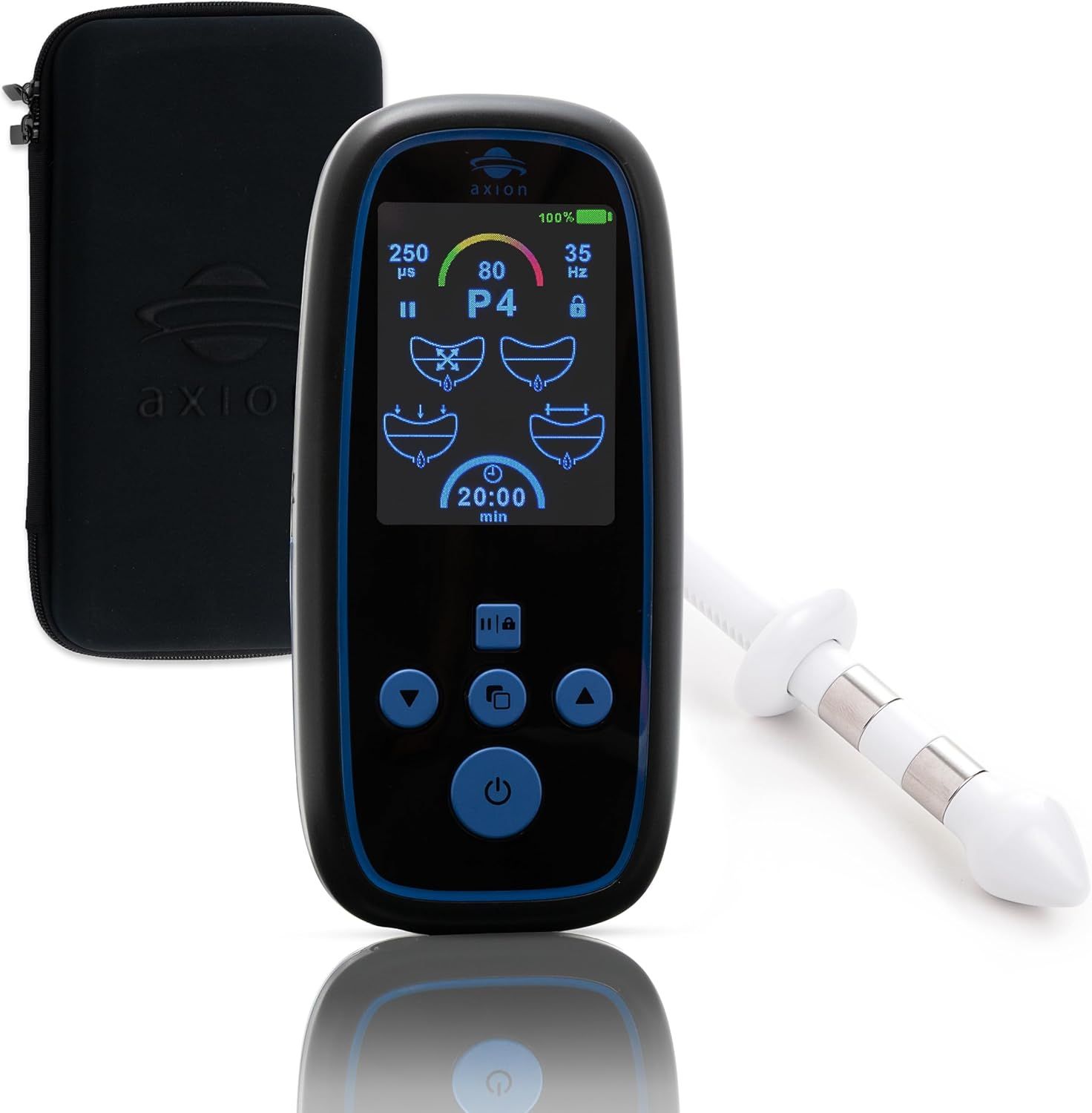 Zwart axion® I-3000-apparaat met accessoires. Zwarte etui met rits. Wit accessoire.