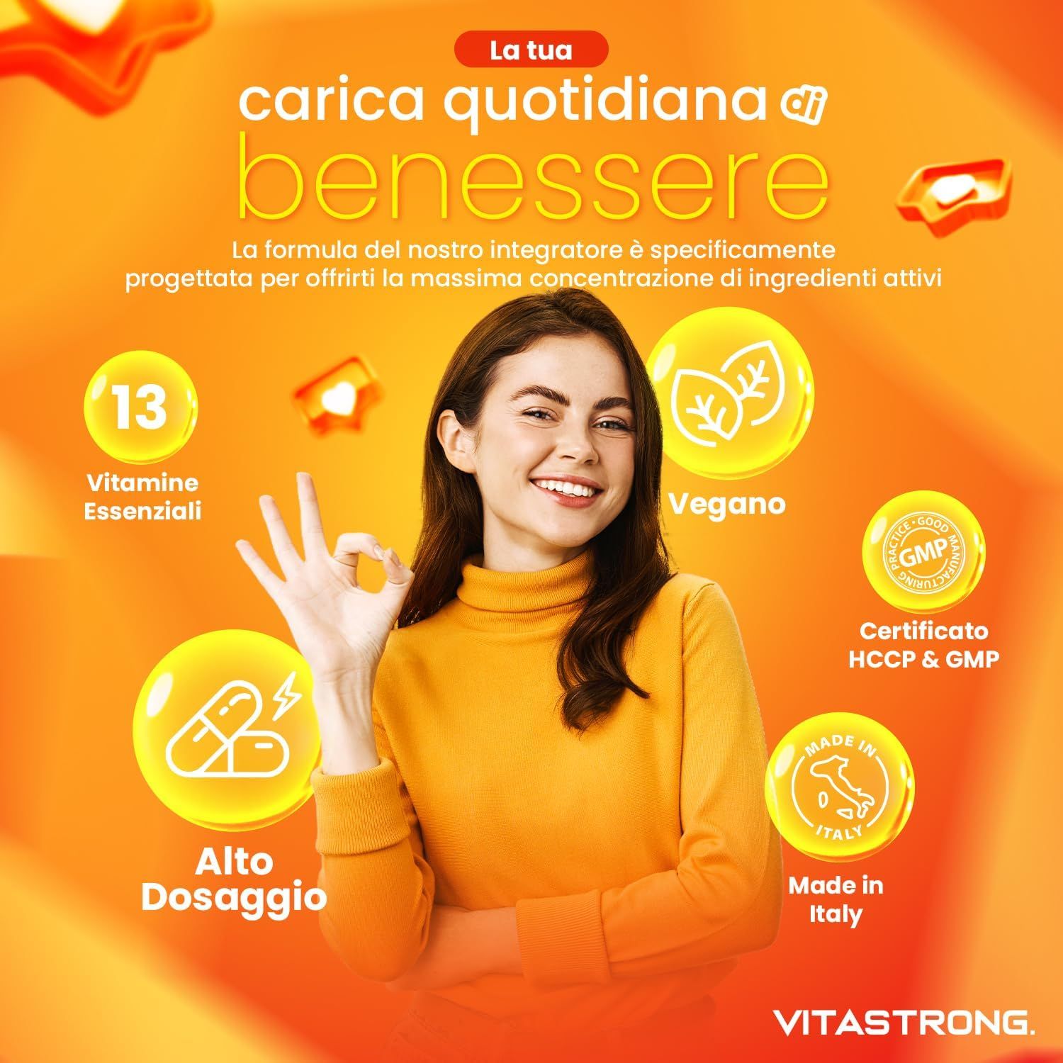 Femme en haut jaune fait signe OK. Labels Vegan et GMP. Made in Italy. Logo Vitastrong.