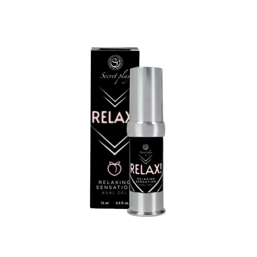 Emballage et flacon noirs. Inscription "Secret Play Relax!" et "Relaxing Sensation Anal Gel". Bouchon et base argentés.