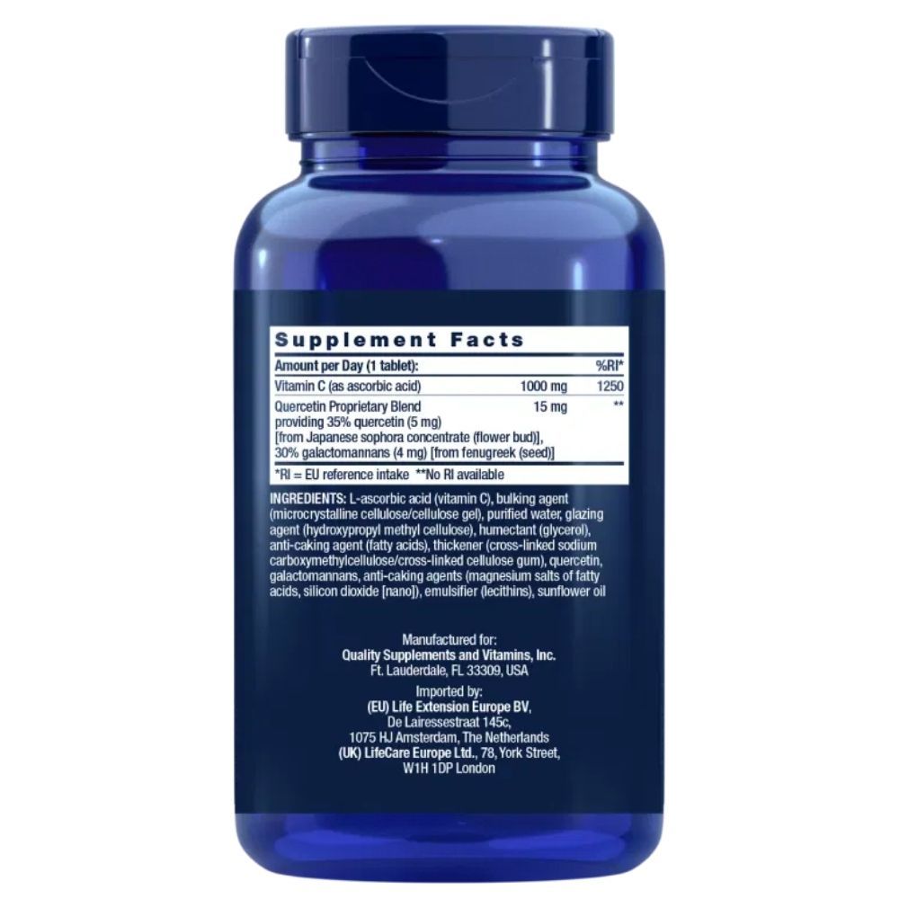 Bouteille bleu foncé avec étiquette 'Supplement Facts'. Contient de la vitamine C et de la quercétine. Fabriqué pour Quality Supplements and Vitamins, Inc.
