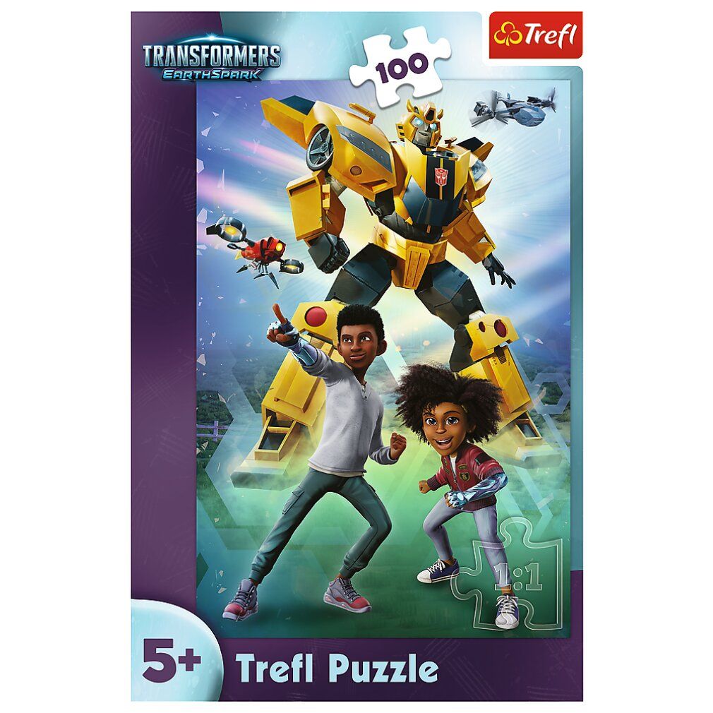 Puzzle Trefl, 100 pièces, motif Transformers. Emballage avec robot jaune, deux enfants et logo. Recommandé pour 5+.