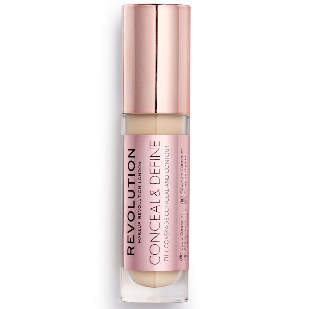 Tube de correcteur avec bouchon or rose. Étiquette rose avec texte. Base transparente.