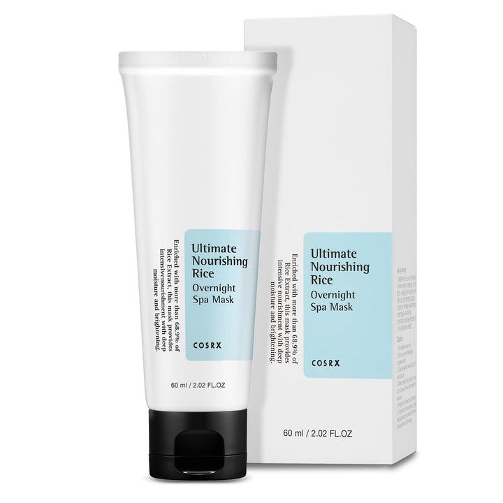 Witte tube, zwarte dop. Opschrift: Ultimate Nourishing Rice Overnight Spa Mask. Merk: COSRX. 60 ml.