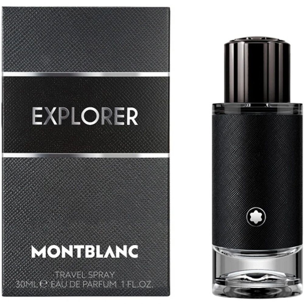 Zwarte verpakking met 'EXPLORER' en 'MONTBLANC'. Fles met zwart imitatieleer ernaast.