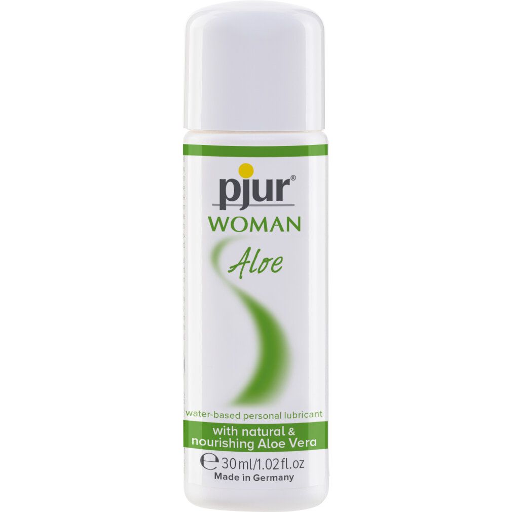 Witte fles met groen etiket. Opschrift: pjur WOMAN Aloe. Bevat 30ml/1.02 fl.oz. Glijmiddel op waterbasis.
