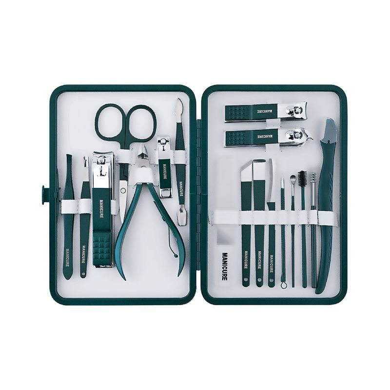 Donkergroene manicure set met 16 tools in een opvouwbare koffer.