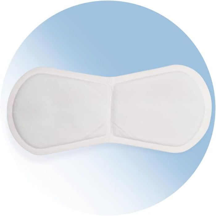 Witte warmtepleister, ovale vorm met twee verbonden delen. Op blauwe achtergrond. Geen andere details.