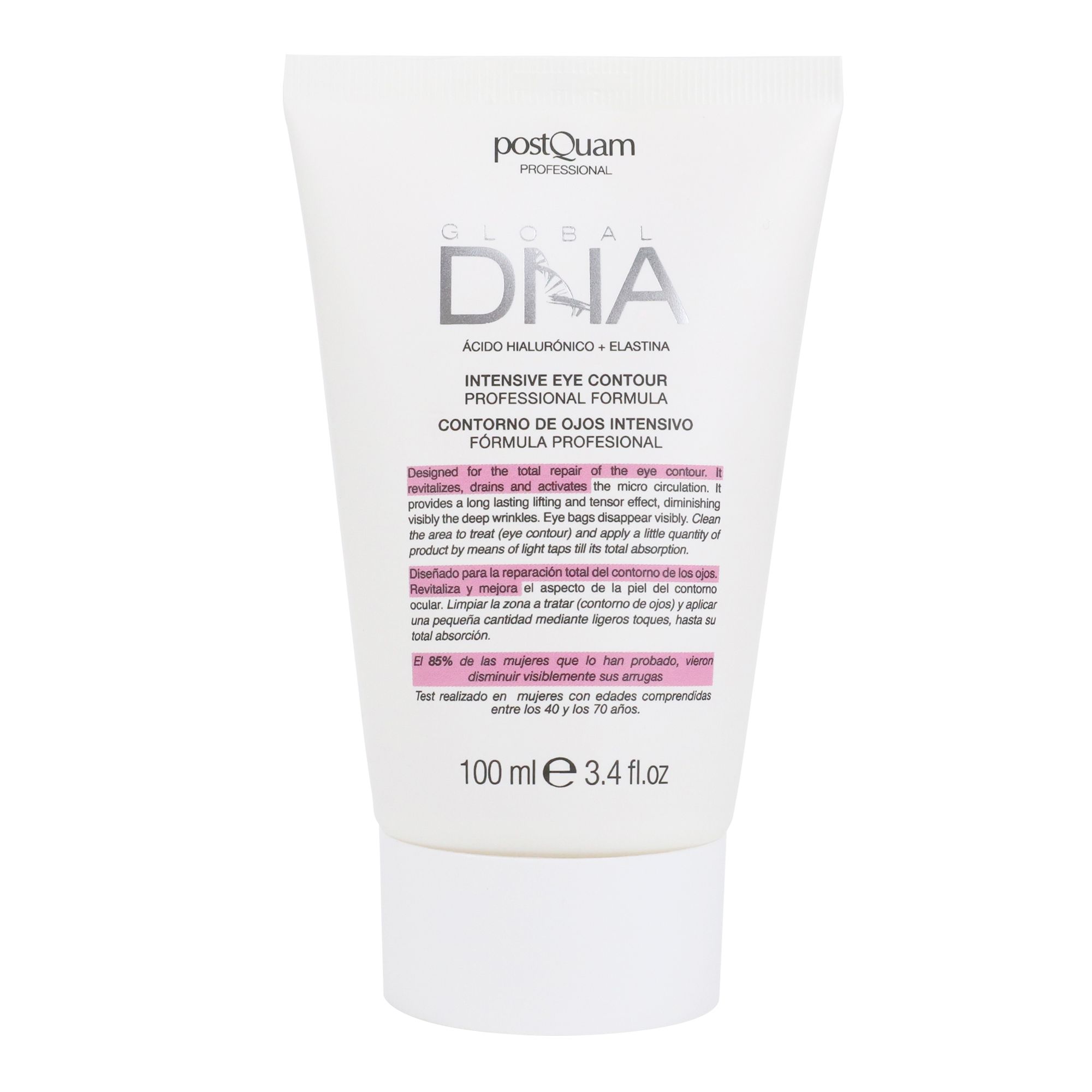 Tube blanc avec texte. Inscription : "postQuam PROFESSIONAL", "GLOBAL DNA", "INTENSIVE EYE CONTOUR PROFESSIONAL FORMULA".