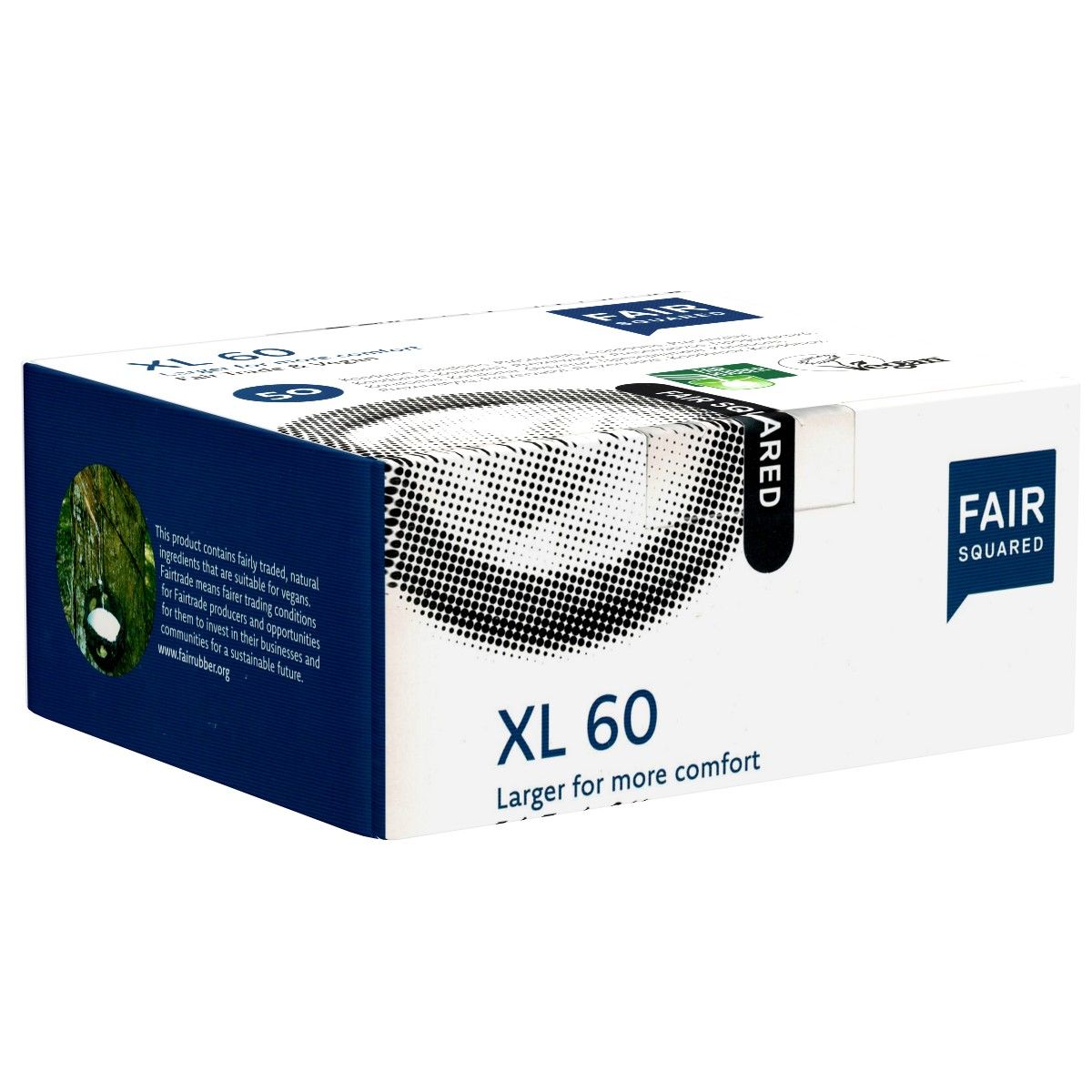 Boîte Fair Squared XL 60. Carton blanc avec détails bleus et noirs. Inscription XL 60 et Fair Squared.