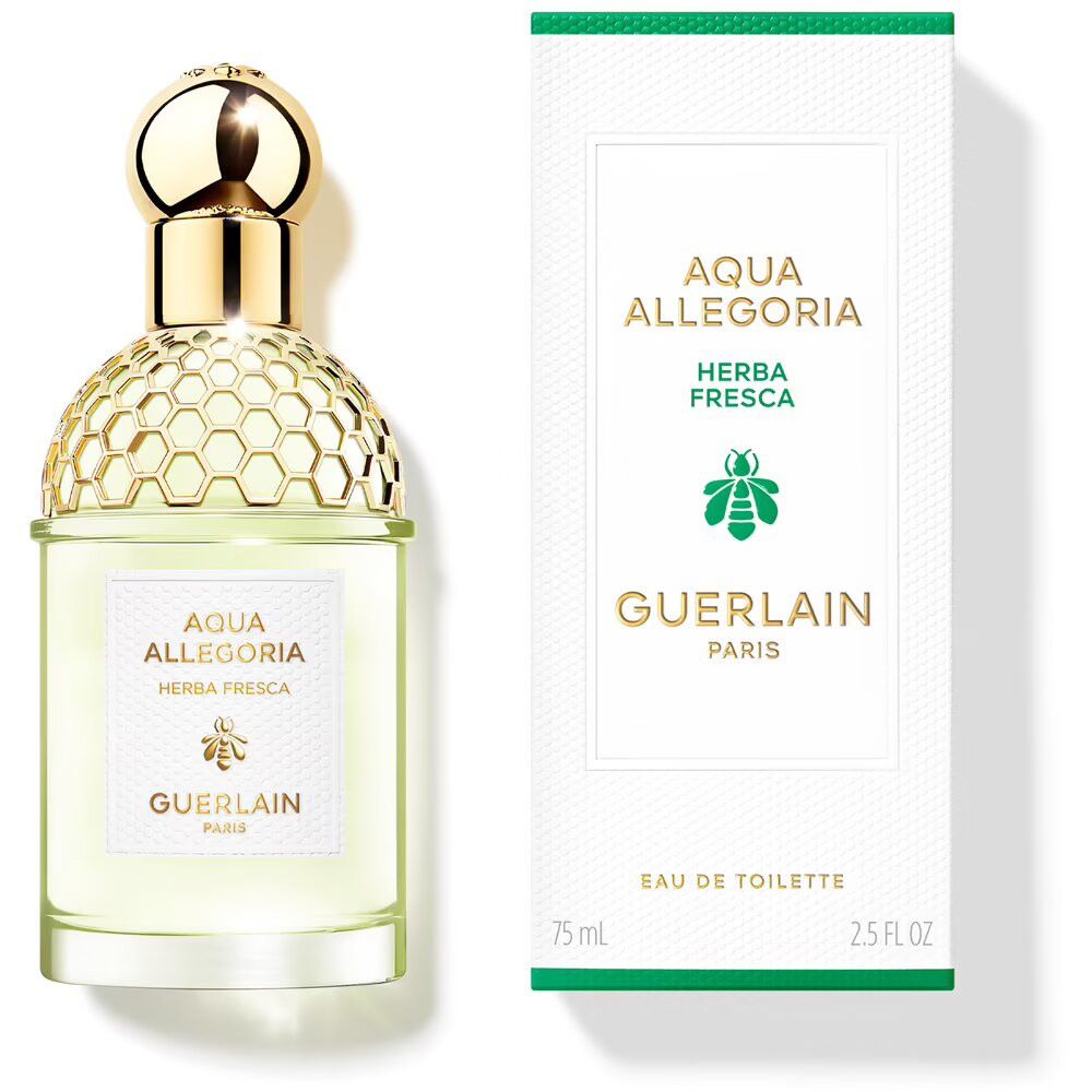 Flacon et boîte de Guerlain Aqua Allegoria Herba Fresca. Flacon avec bouchon doré, étiquette blanche, liquide vert.