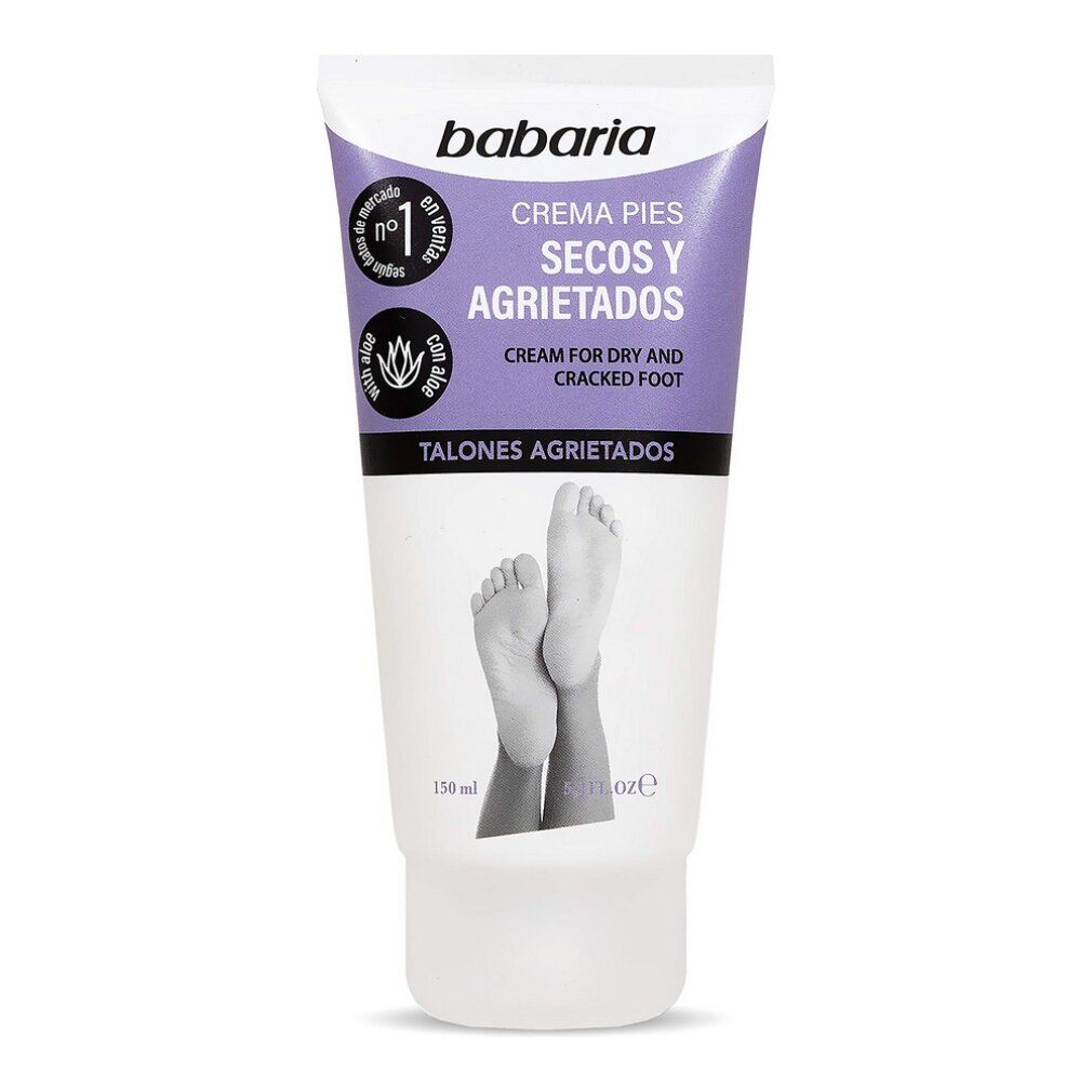 Tube blanc avec bouchon violet. Inscription: Babaria, crème pour pieds secs. Avec aloe vera. 150 ml.