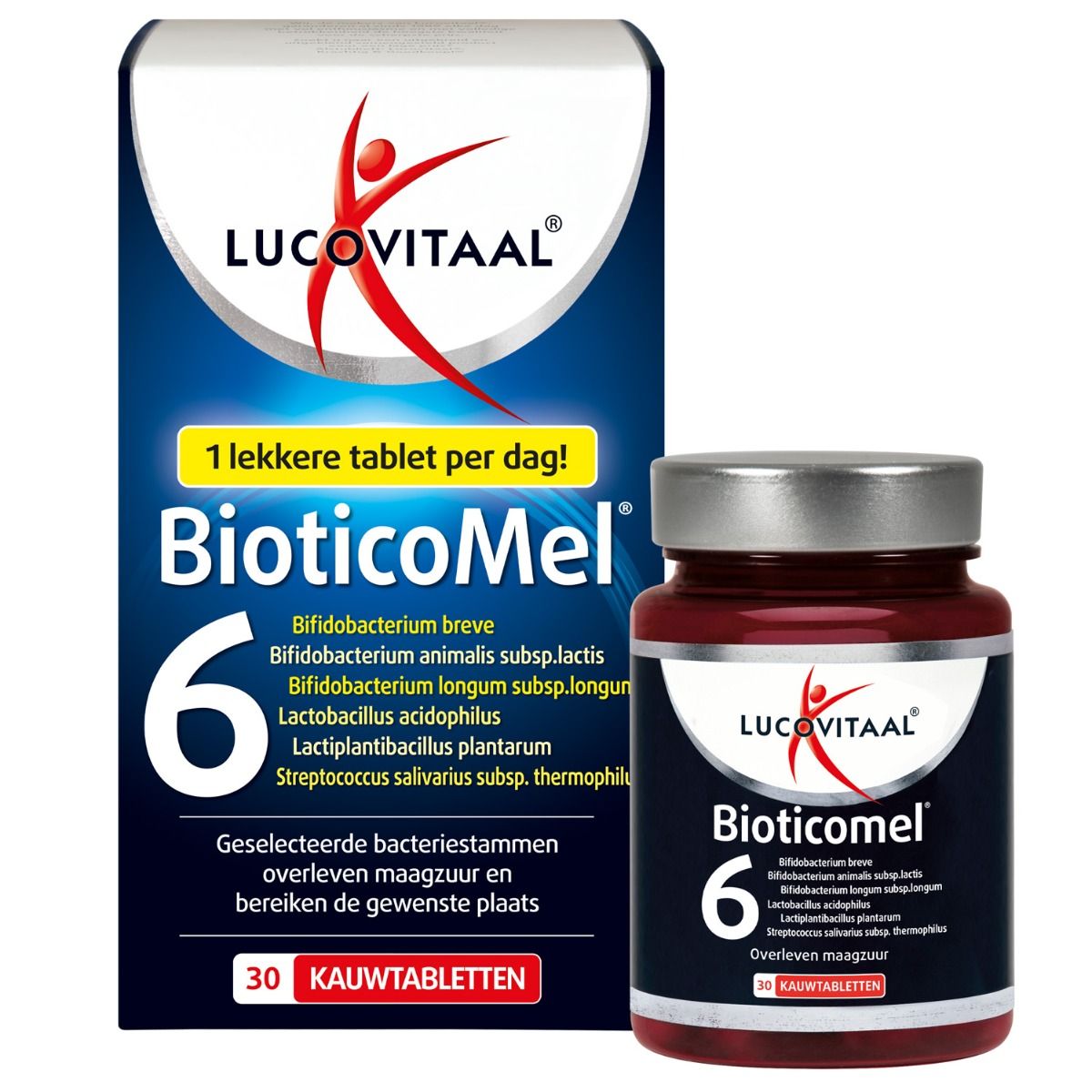 Verpakking en fles "Lucovitaal BioticoMel". Blauwe doos en bruine fles. Productnaam en ingrediënten zichtbaar.