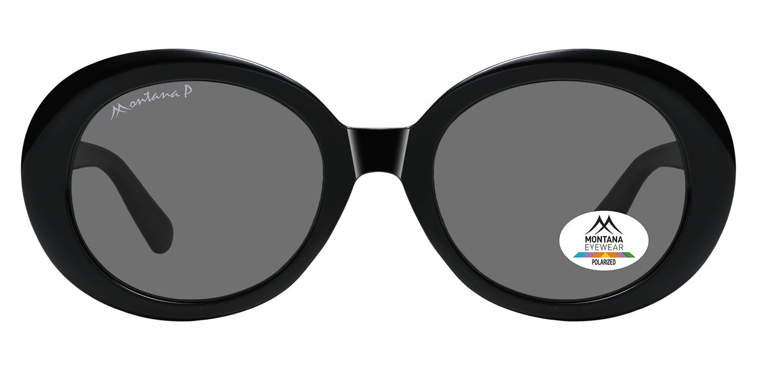 Lunettes de soleil noires avec verres ronds. Logo Montana Eyewear sur le verre et les branches. Verres polarisés.