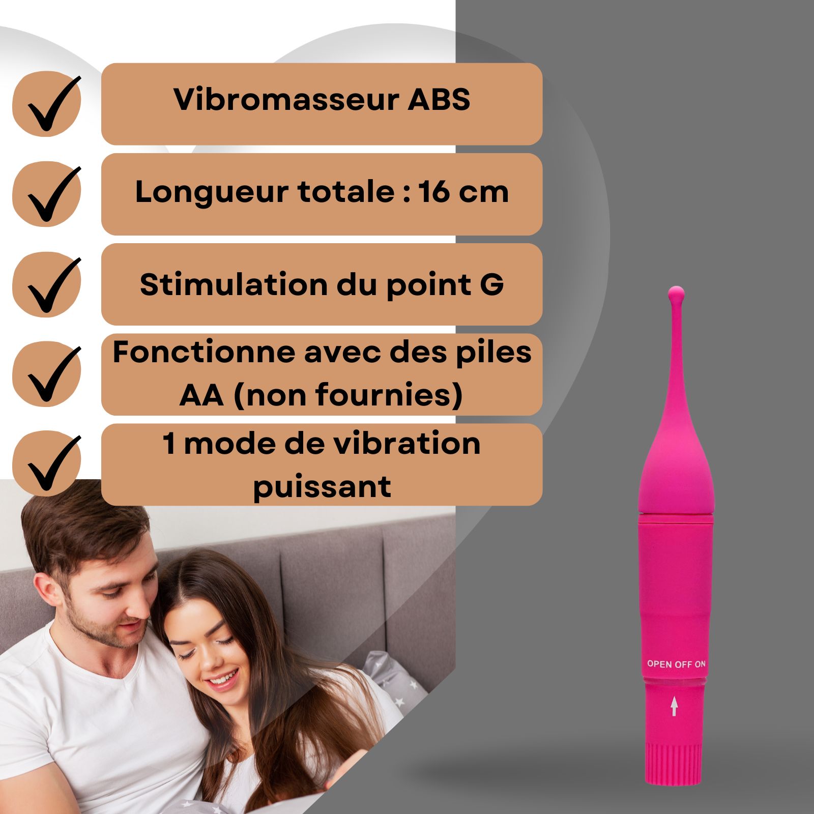 Vibrateur rose à côté d'un couple. Texte: Mode de vibration, 16 cm de long, Stimulation du point G.