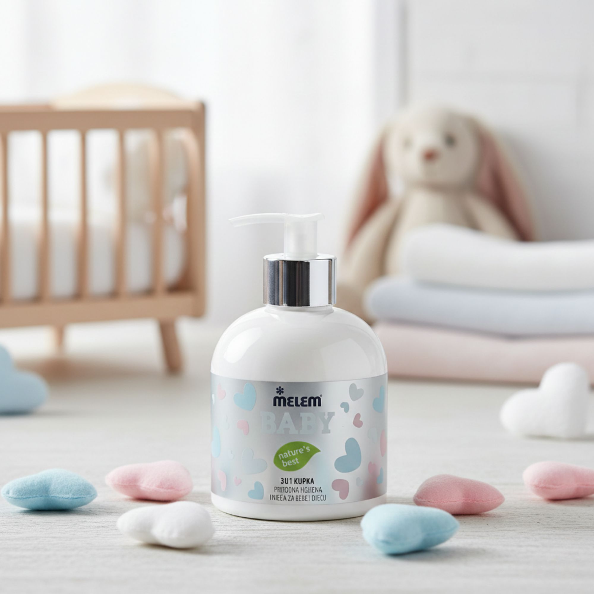 Witte fles met pomp, etiket met BABY. Op een oppervlak met speelgoed en babybenodigdheden.