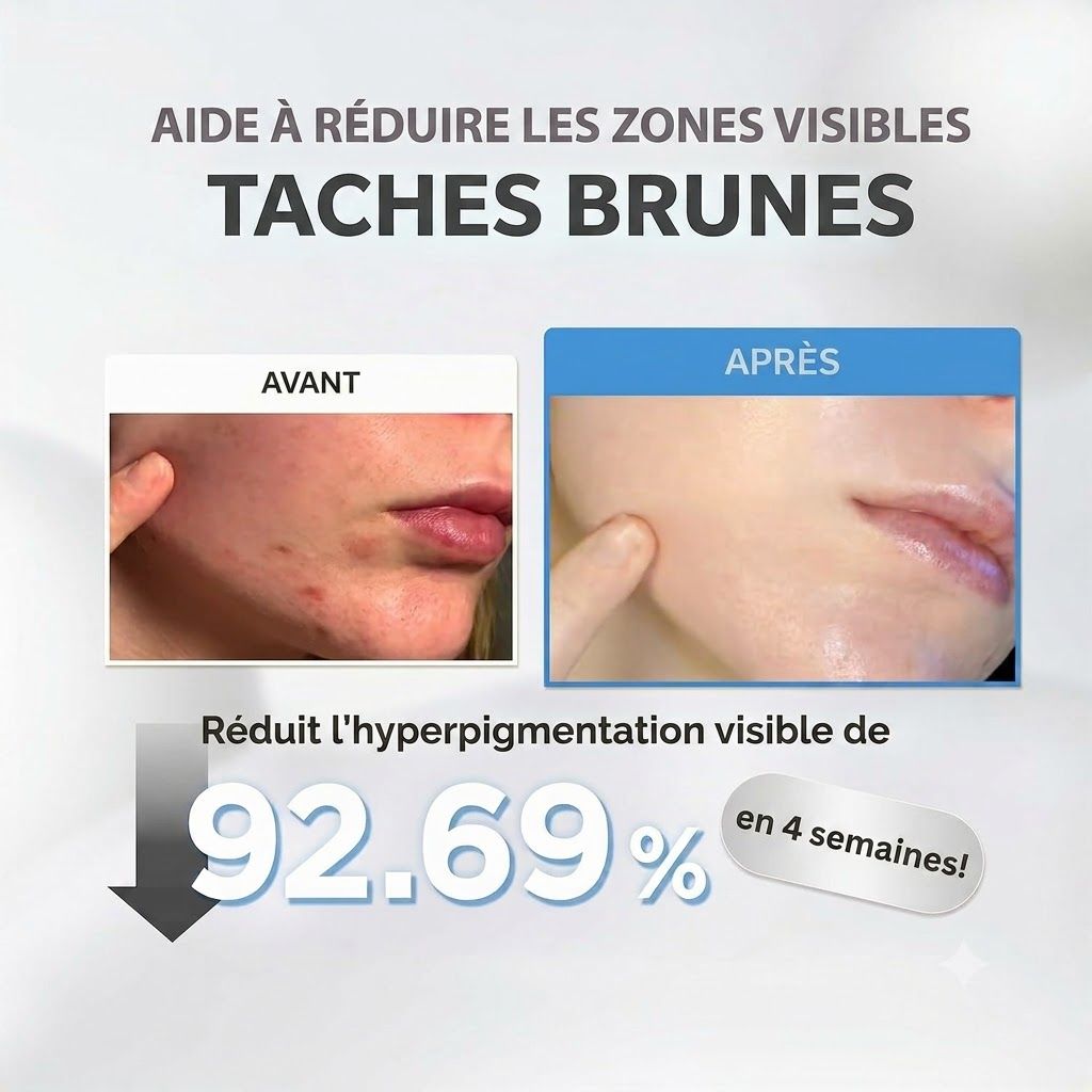 Comparaison avant/après : taches brunes réduites.