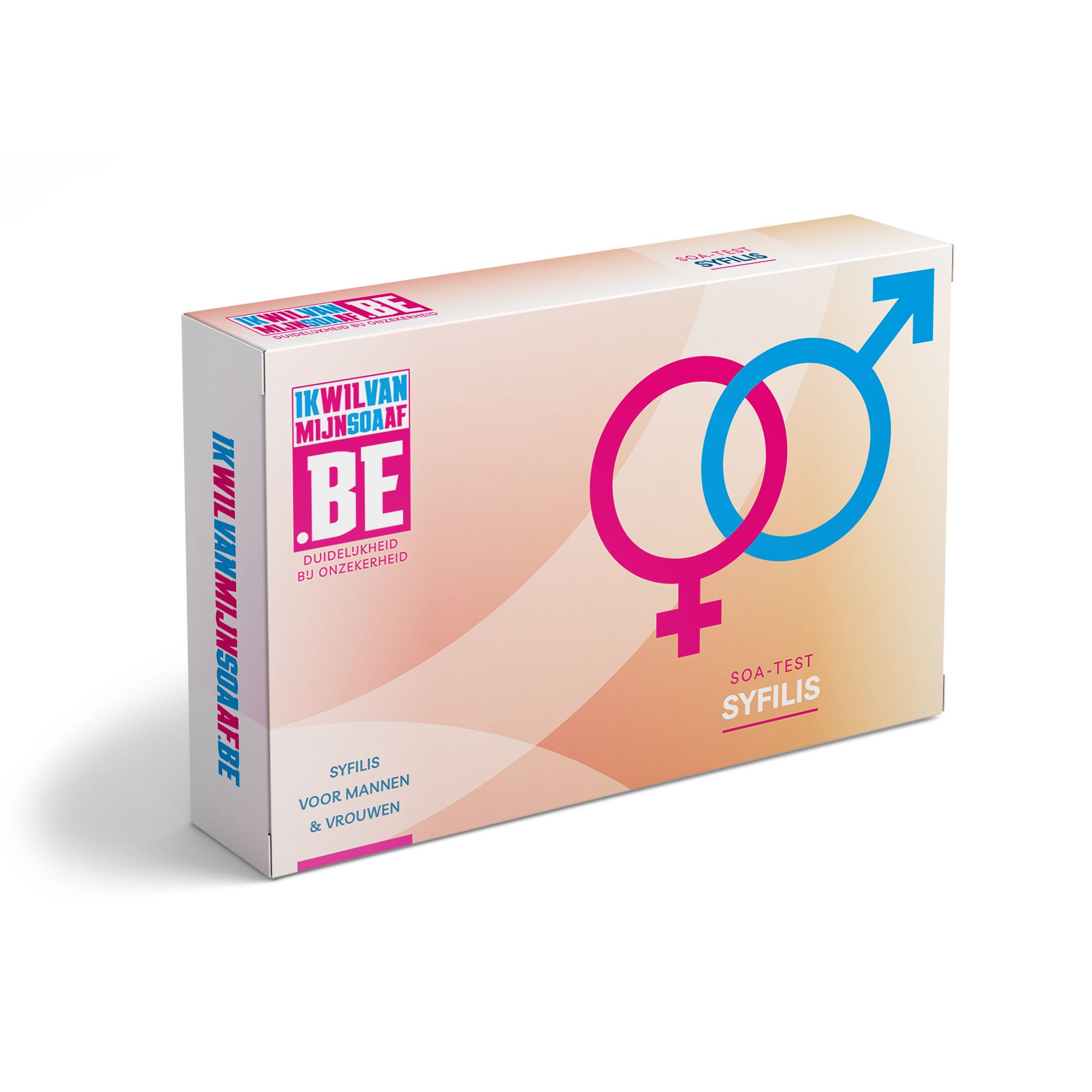 Boîte de test avec symboles homme/femme. Inscription: Syphilis. Pour hommes & femmes. Texte: Ik wil van mijn lijf af.