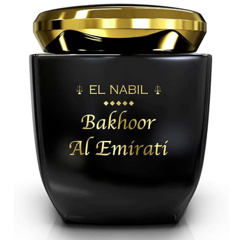 Flacon noir carré avec couvercle doré. Inscription : EL NABIL, Bakhoor Al Emirati.