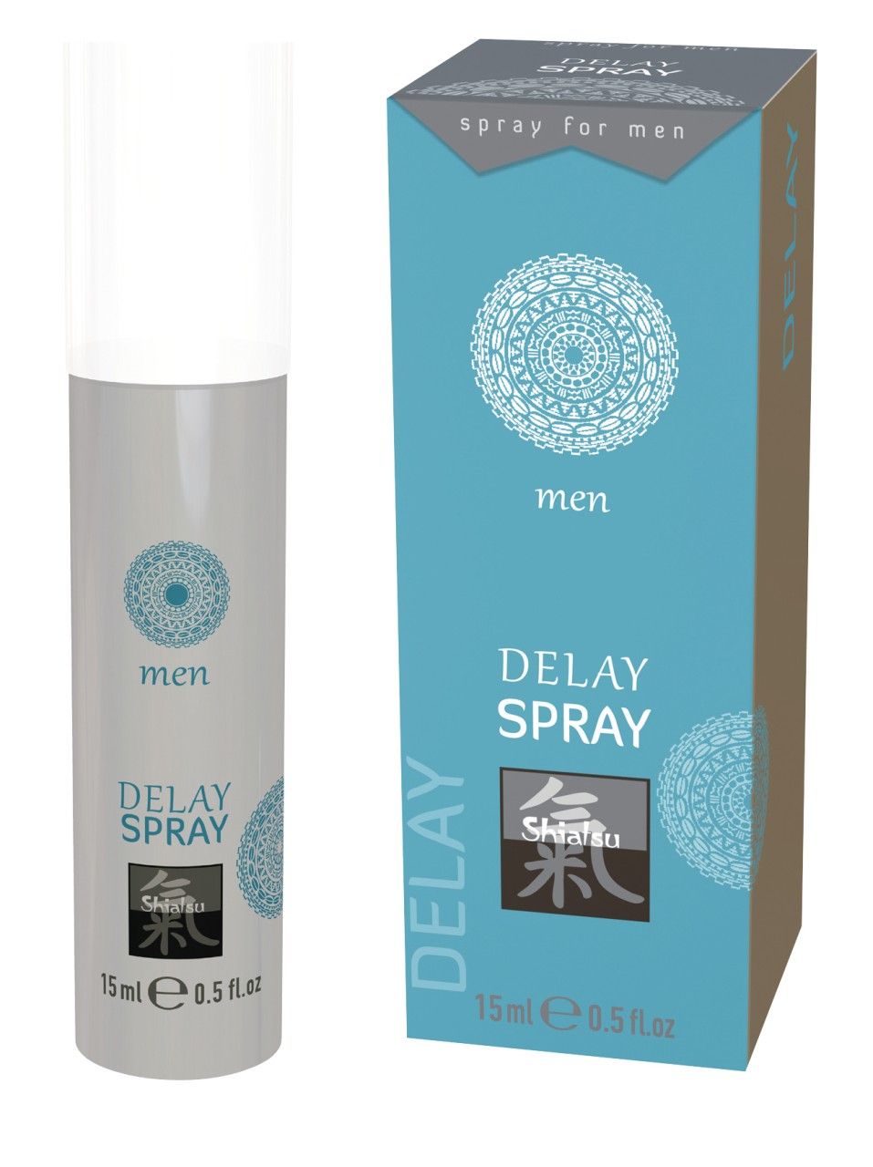 Shiatsu Delay Spray voor mannen, 15ml. Fles en verpakking.