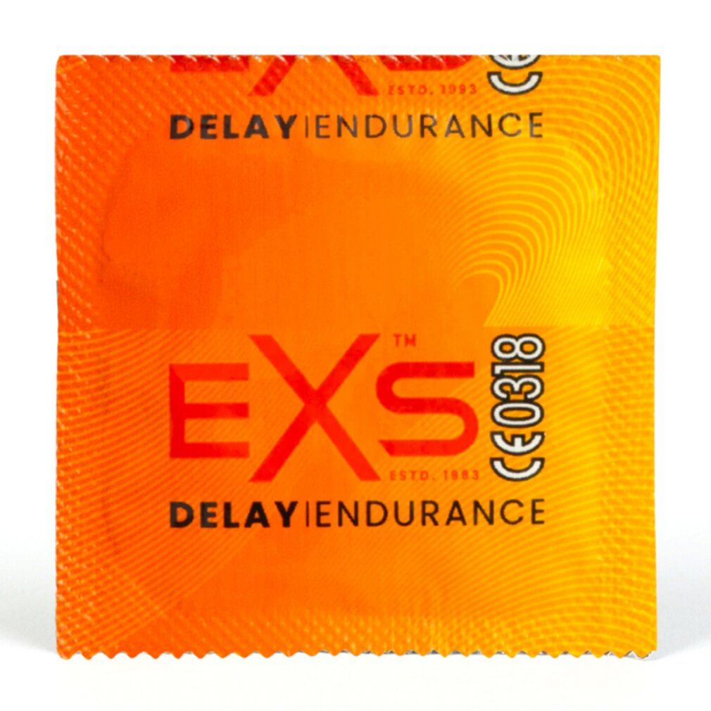 Emballage individuel d'un préservatif EXS Delay Endurance, orange avec logo.