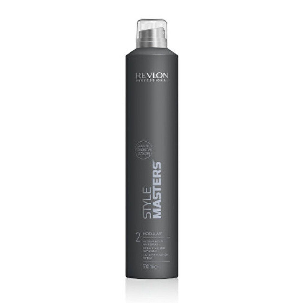 Flacon de laque gris avec bouchon blanc. Inscriptions: Revlon Professional, Style Masters, Modular 2, Medium Hold. 250ml.