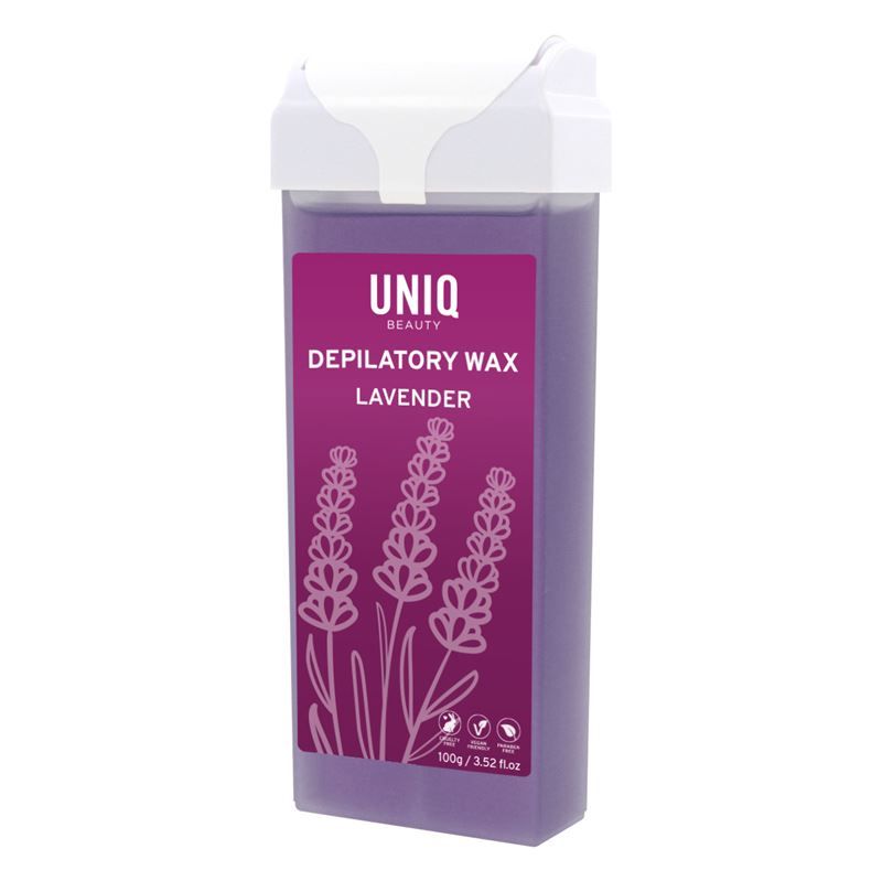 Cartouche de cire dépilatoire UNIQ Lavendel. Récipient de cire violet avec couvercle blanc. Étiquette avec nom et illustration de lavande.