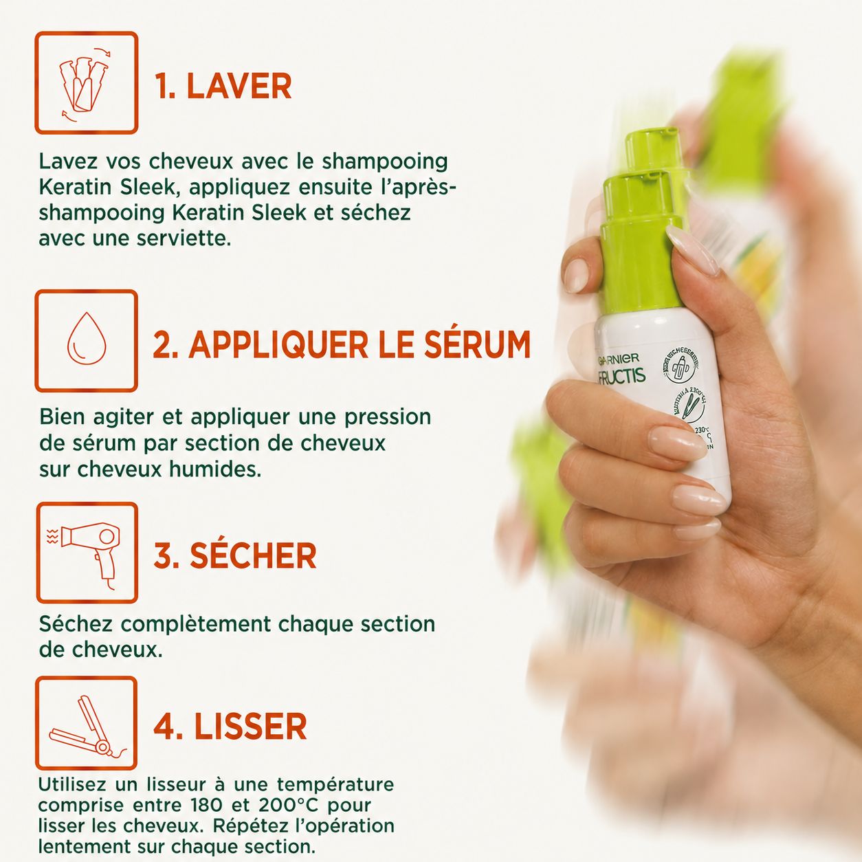 Flacon de sérum Garnier Fructis Sleek & Stay tenu dans une main, promettant le look sleek ultime.