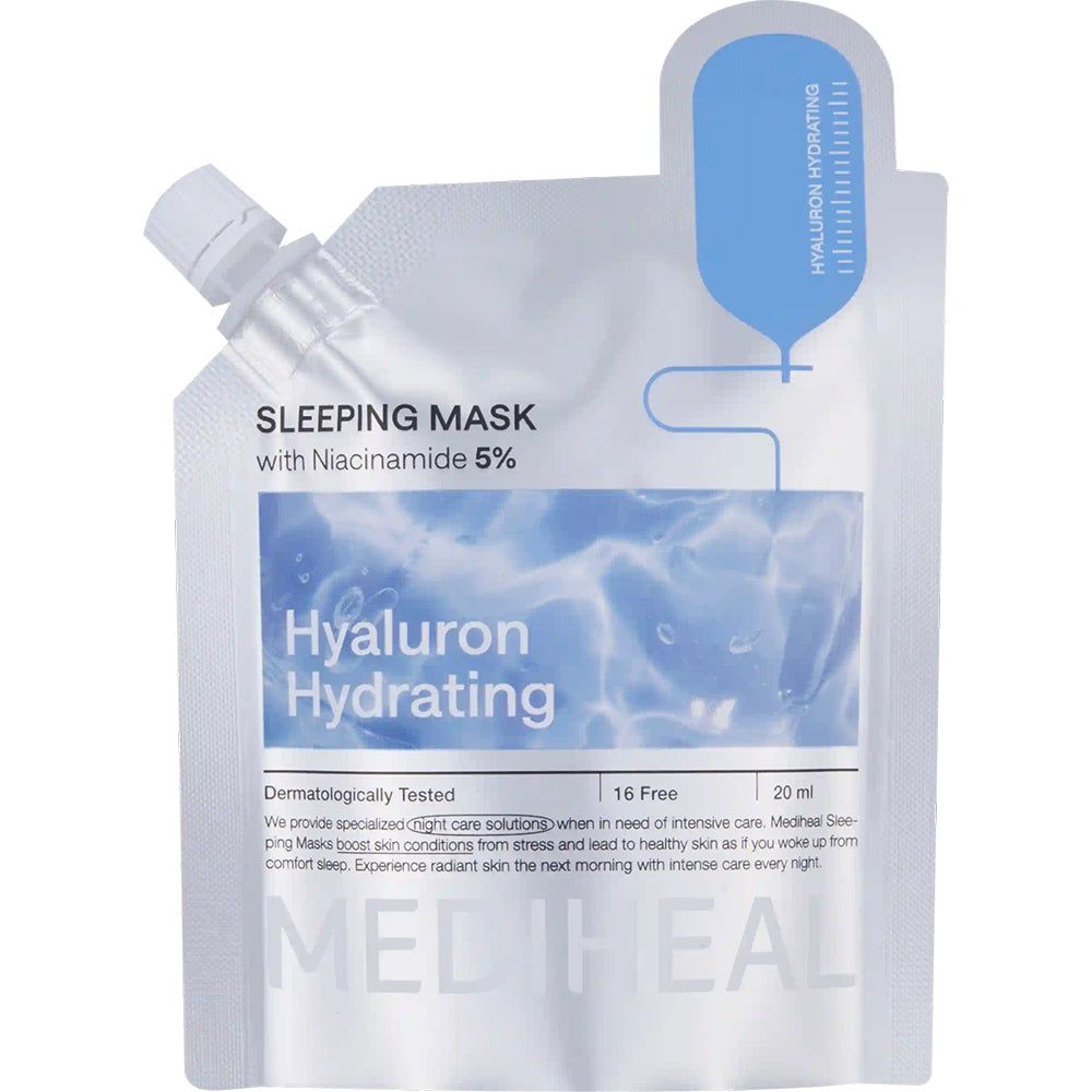 Verpakking van MEDIHEAL Hyaluron Hydrating Sleeping Mask. Zakje met opdruk en doseeropening. 20 ml.