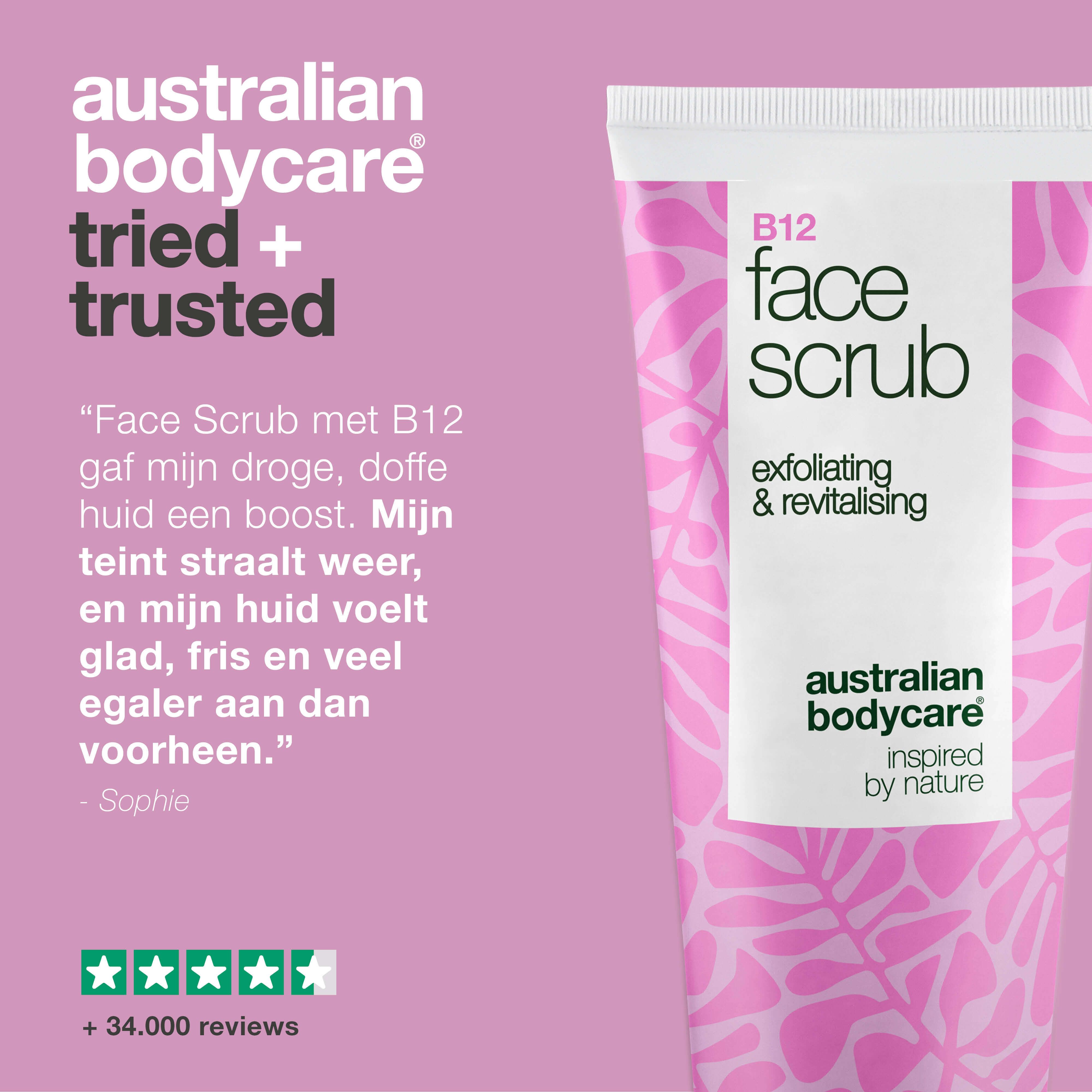 Tube scrub, tekst, logo, roze achtergrond. Sterrenbeoordeling.