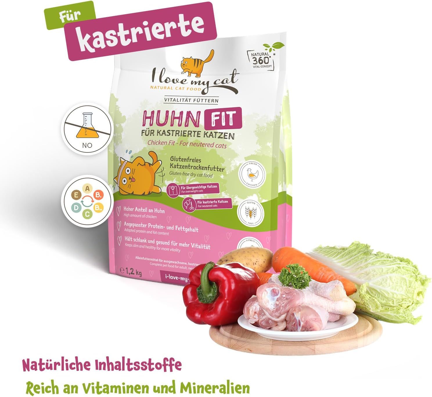 Zak kattenvoer met groenten en kip. Opschrift: I love my cat, Huhn Fit, voor gecastreerde katten. Bevat een kattenstripfiguur.