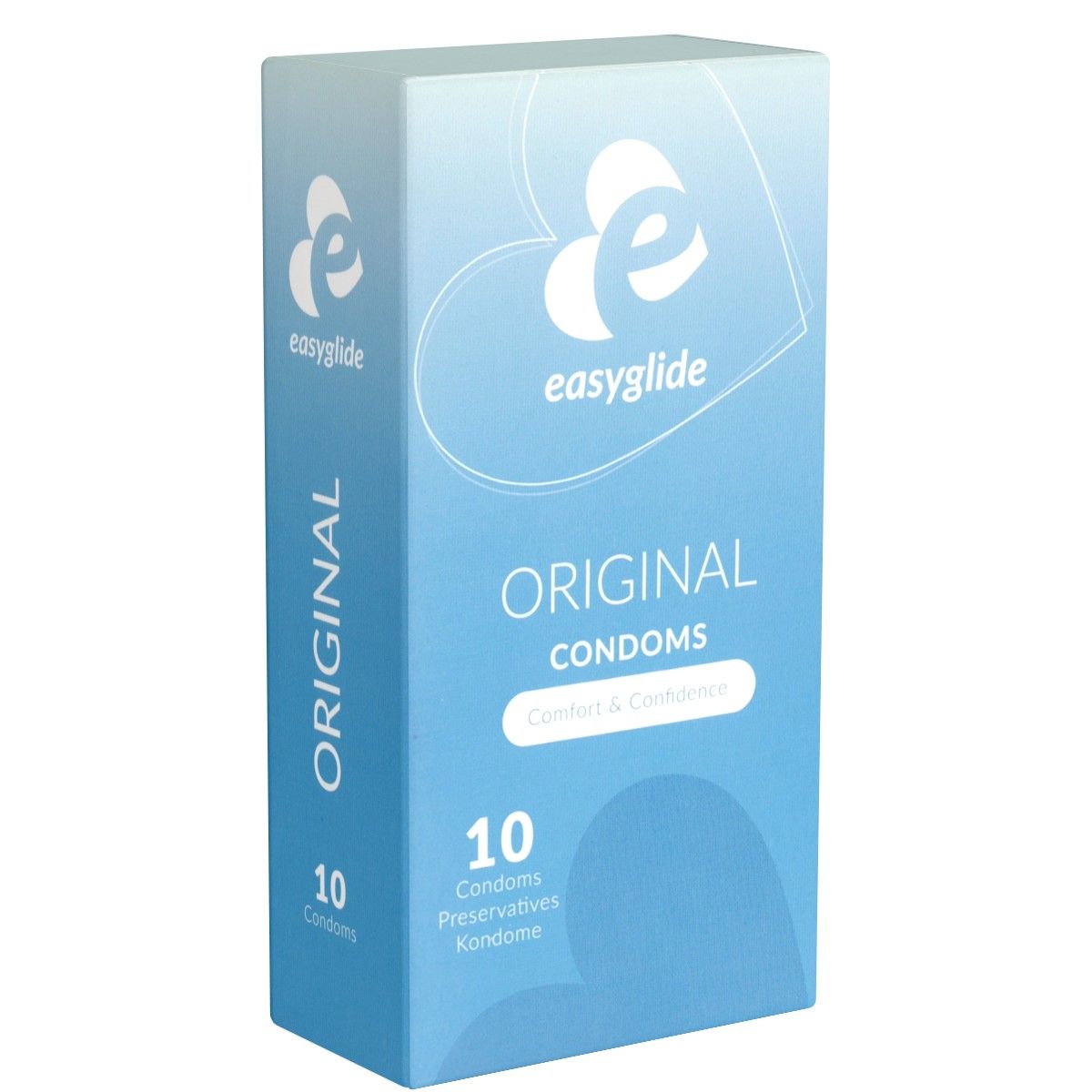 Blauwe doos met productinformatie. Opschrift: "ORIGINAL CONDOMS", "10 Condoms". Merk: easyglide.