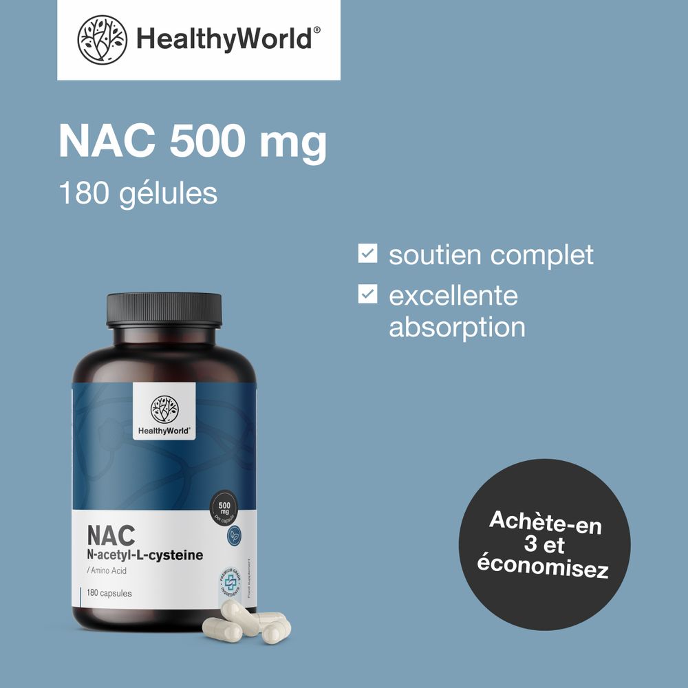 Flacon de produit avec gélules. Texte : NAC 500 mg, 180 gélules. Logo : HealthyWorld. Texte additionnel : Achetez-en 3 et économisez.