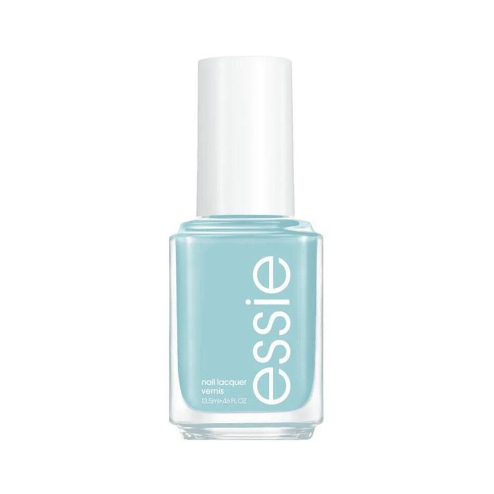 Lichtblauw Essie nagellakflesje met witte dop. Op het flesje staat "essie" en "nail lacquer".