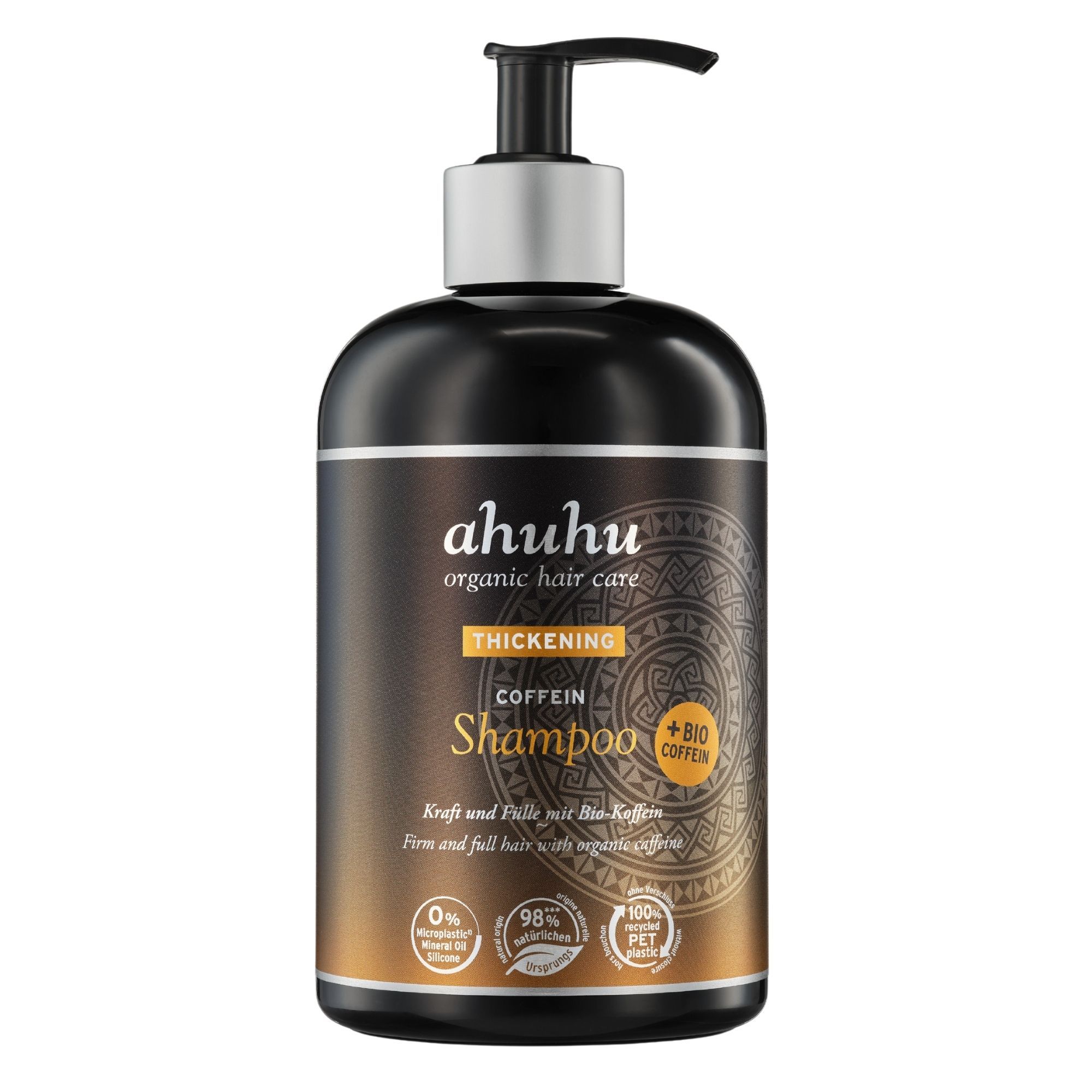 Zwarte fles met pomp. Opschrift: ahuhu organic hair care, Coffein Shampoo, +BIO Coffein. Labels: 0% siliconen, 98% natuurlijke ingrediënten, 100% gerecycled PET.