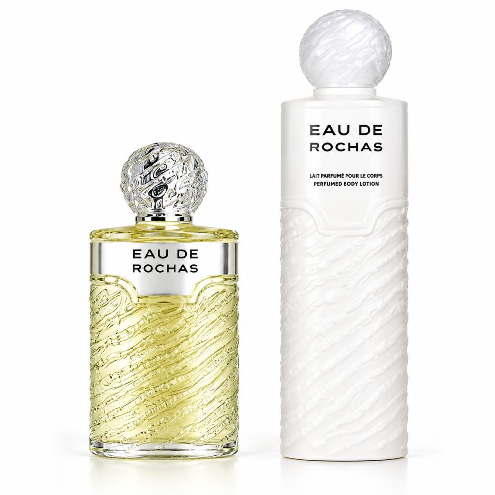 Eau de Rochas Eau de Toilette et Lait Corporel Parfumé. Flacon de parfum avec bouchon argenté, flacon de lotion blanc avec bouchon blanc.