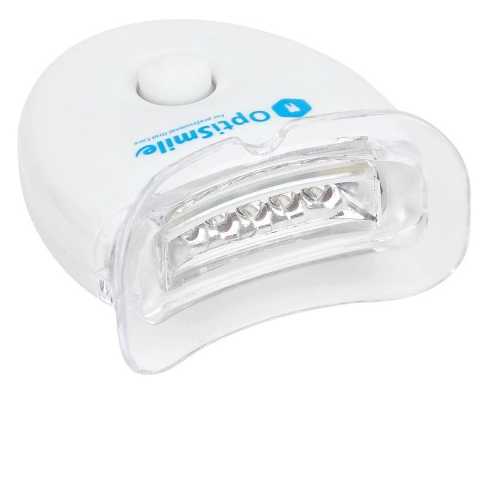 Wit OptiSmile-apparaat met mondstuk en LED-verlichting. Knop en logo zichtbaar.
