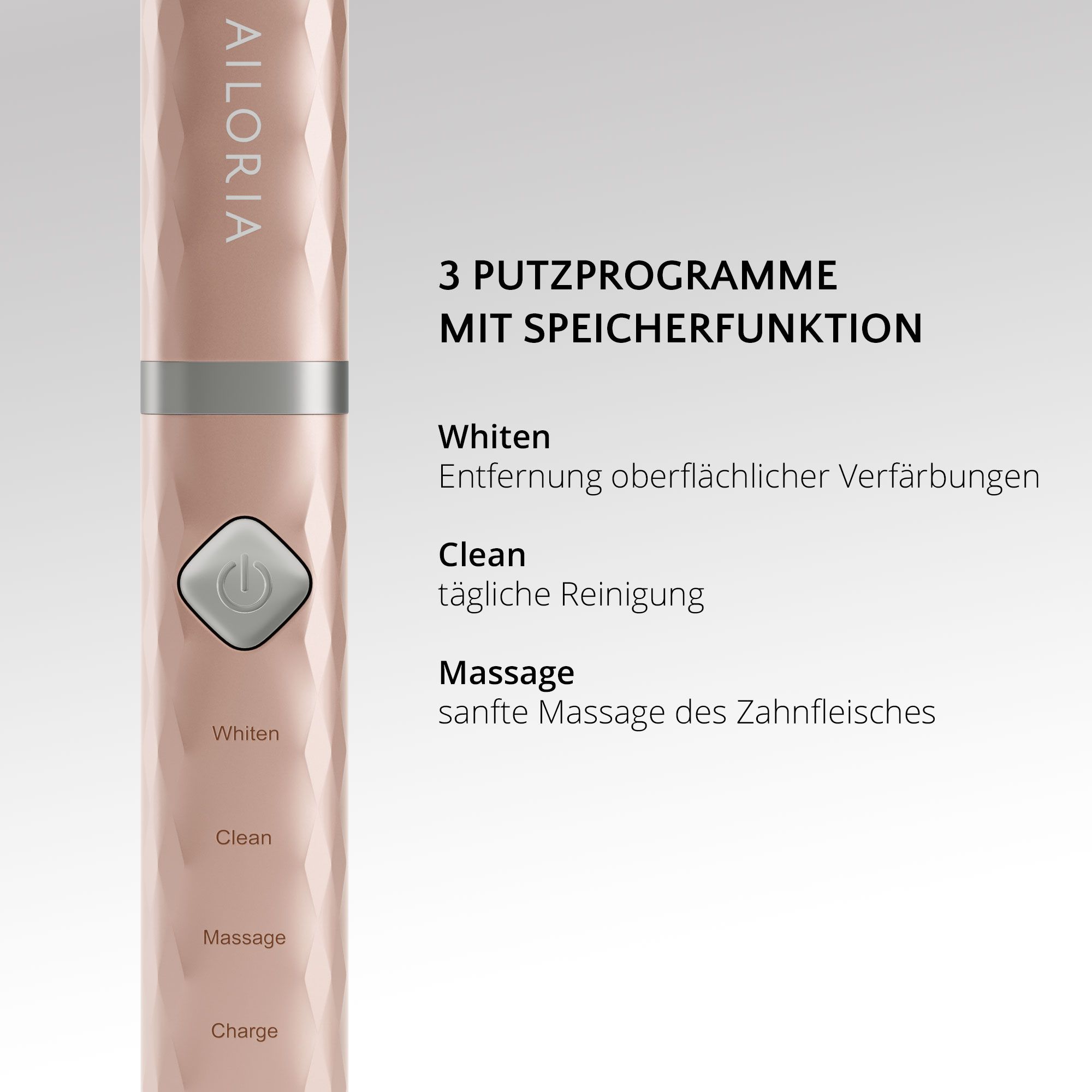Gros plan du manche de la brosse à dents sonique AILORIA avec 3 modes de nettoyage.