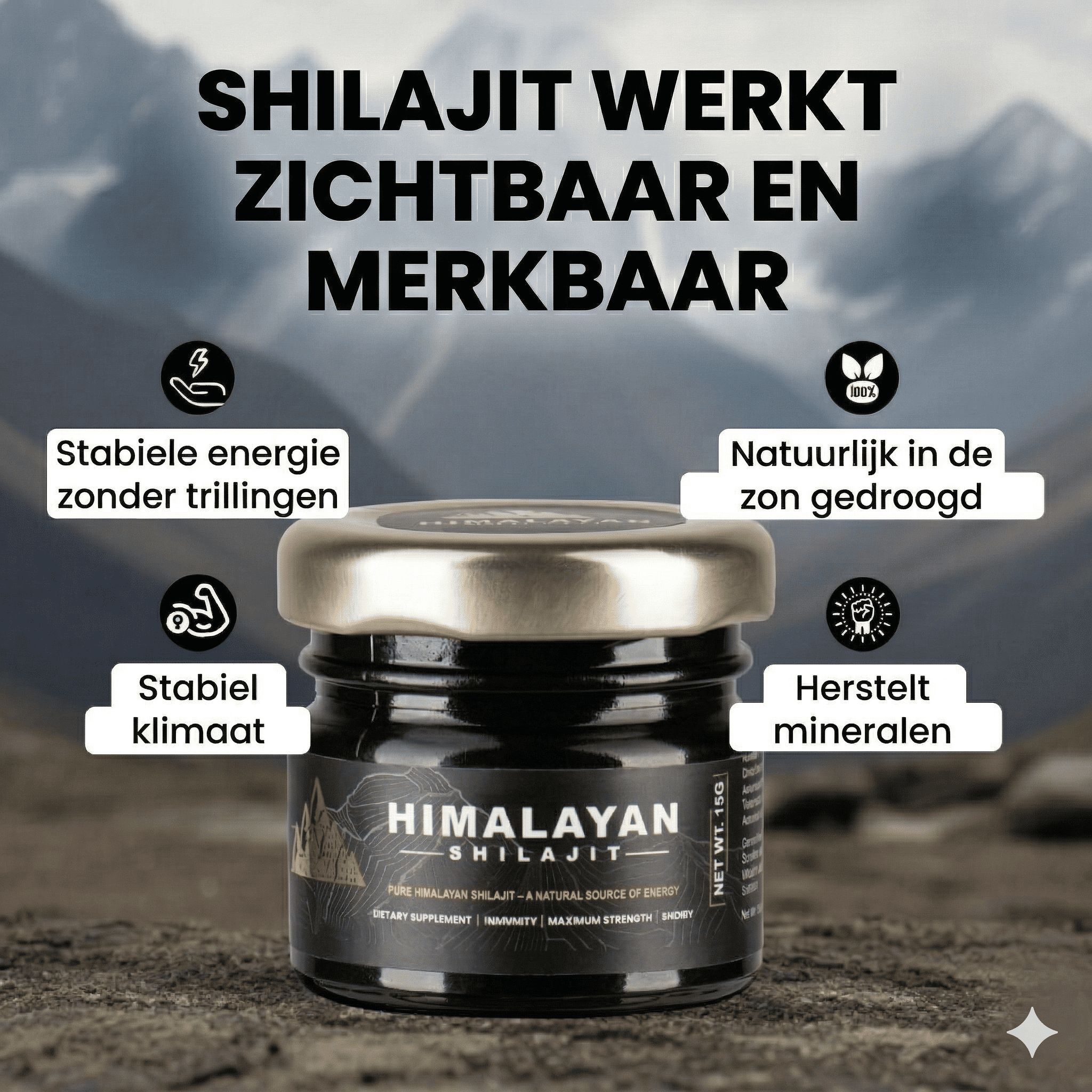 Potje Shilajit en doseerlepel. Tekst: Shilajit werkt zichtbaar en merkbaar. Grafieken met voordelen: energie, mineralen.