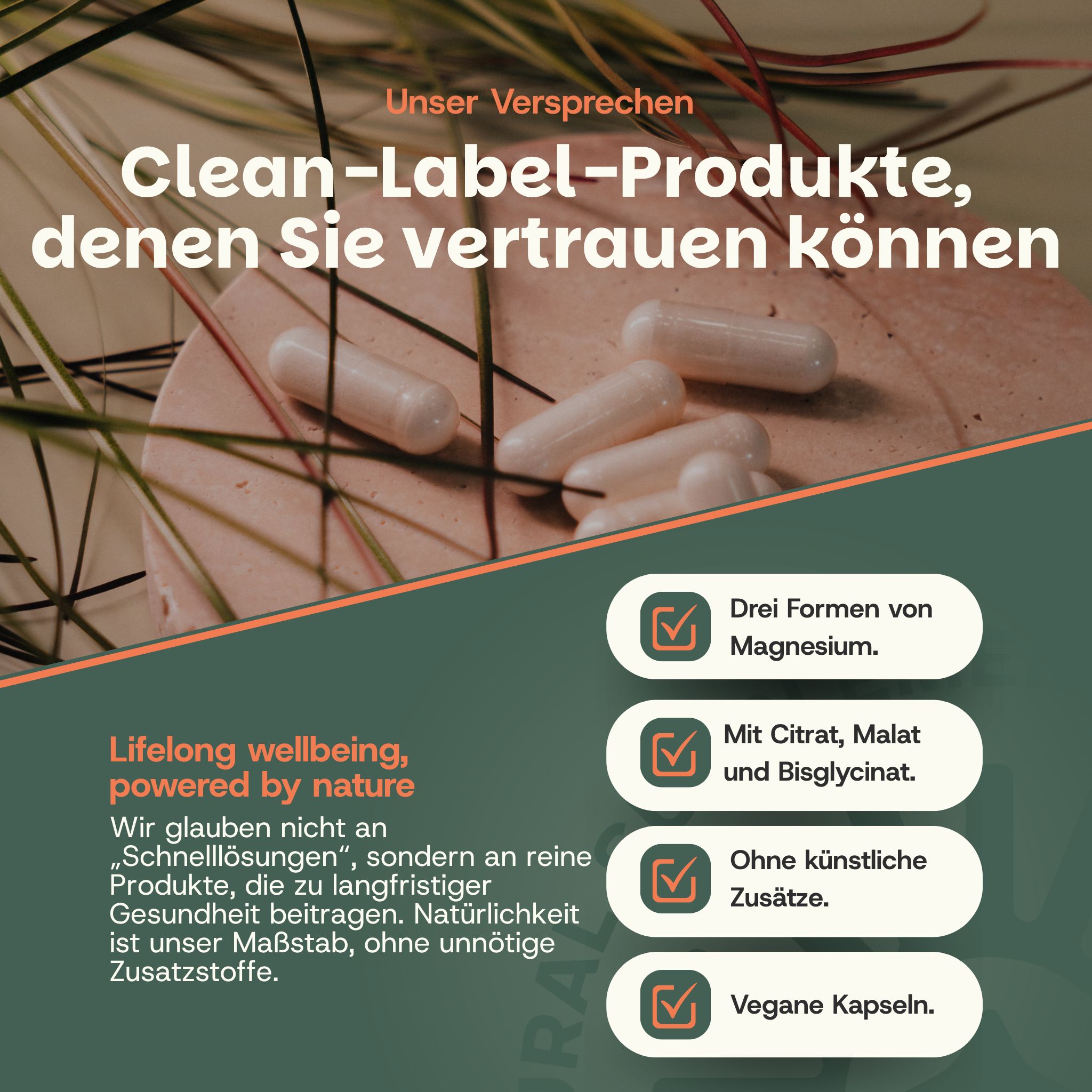 Witte magnesium capsules, drie vormen magnesium, vegan, zonder toevoegingen.