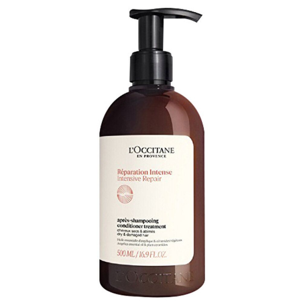 Bruine fles met zwarte pompdeksel. Etiket met productnaam en tekst. L'OCCITANE Après-shampoing Réparation Intense 500 ml.